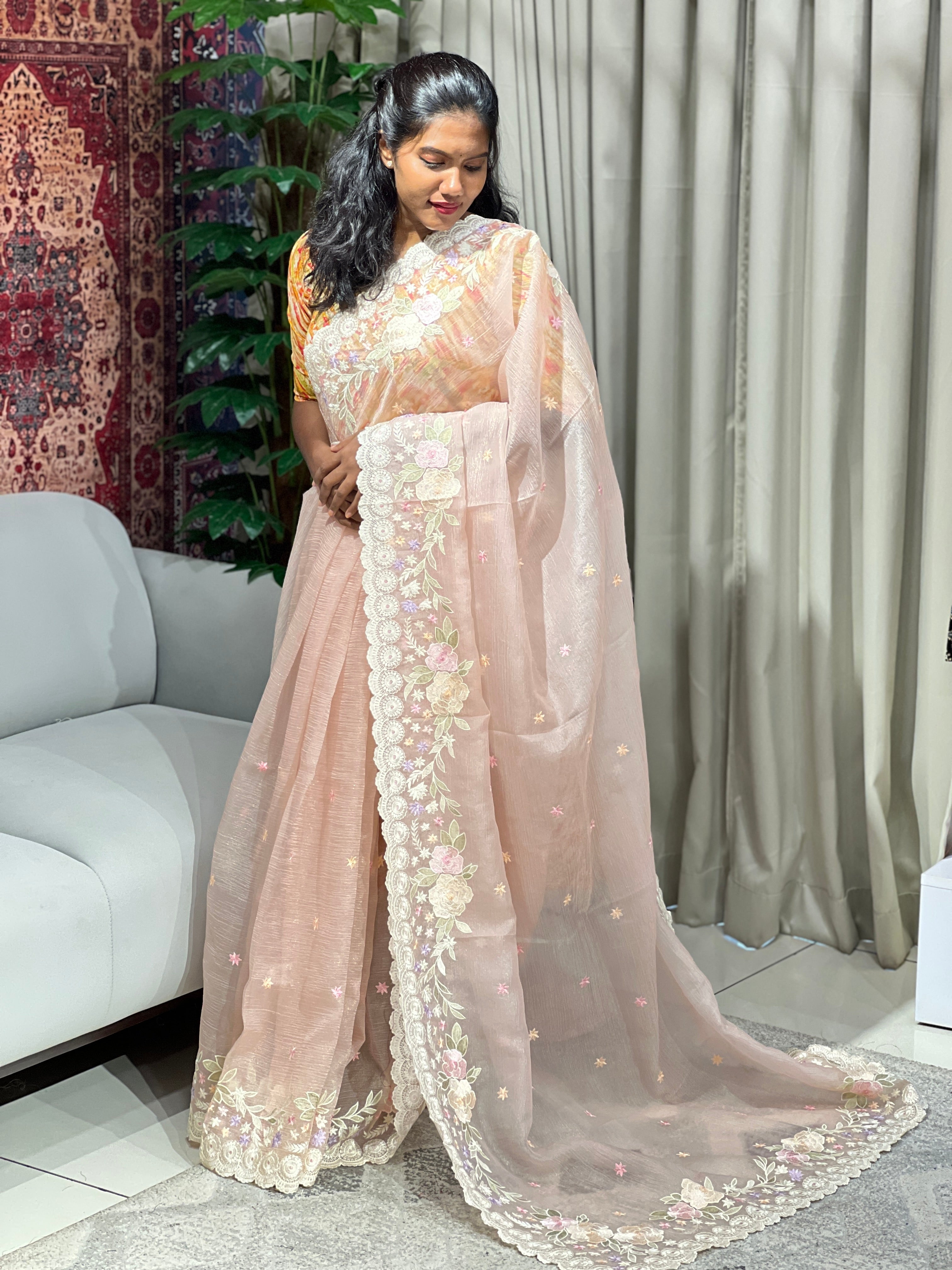 Floral Machine Embroidery Detailed Crushed Shimmer Organza Saree | BLD1553