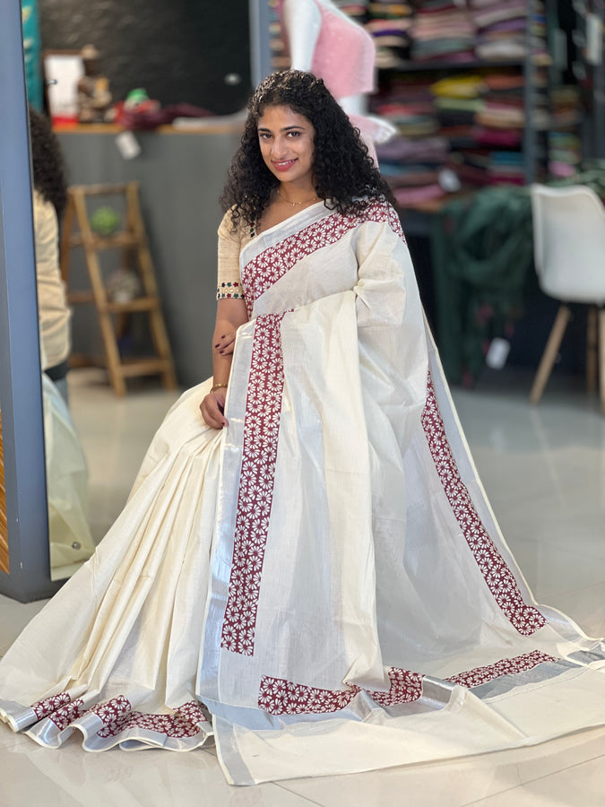 Hand Block Printed Kerala Cotton Saree | GAT292
