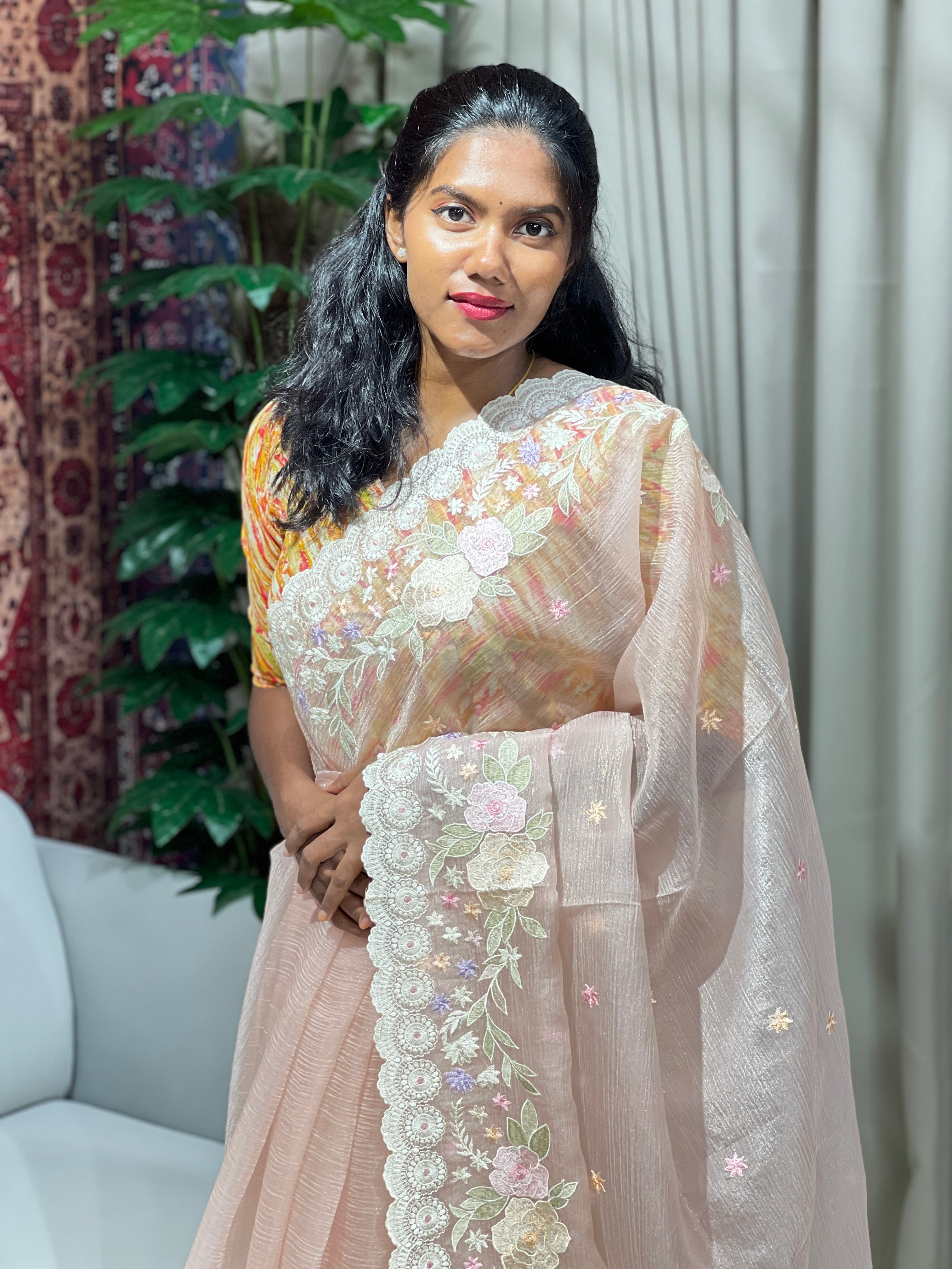 Floral Machine Embroidery Detailed Crushed Shimmer Organza Saree | BLD1553