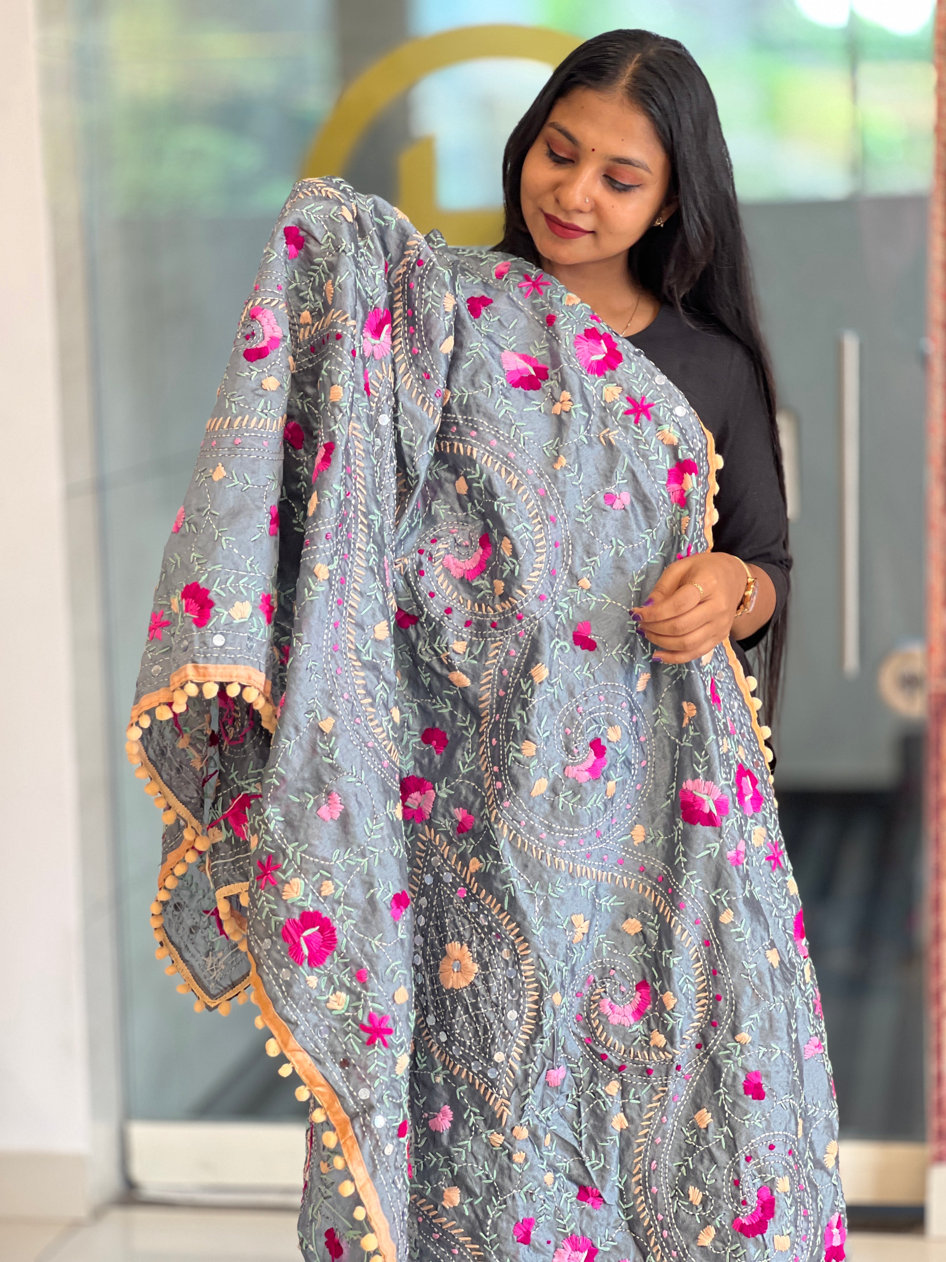 Traditional Thread Embroidery Detailed Chanderi Finish Dupatta | VET266