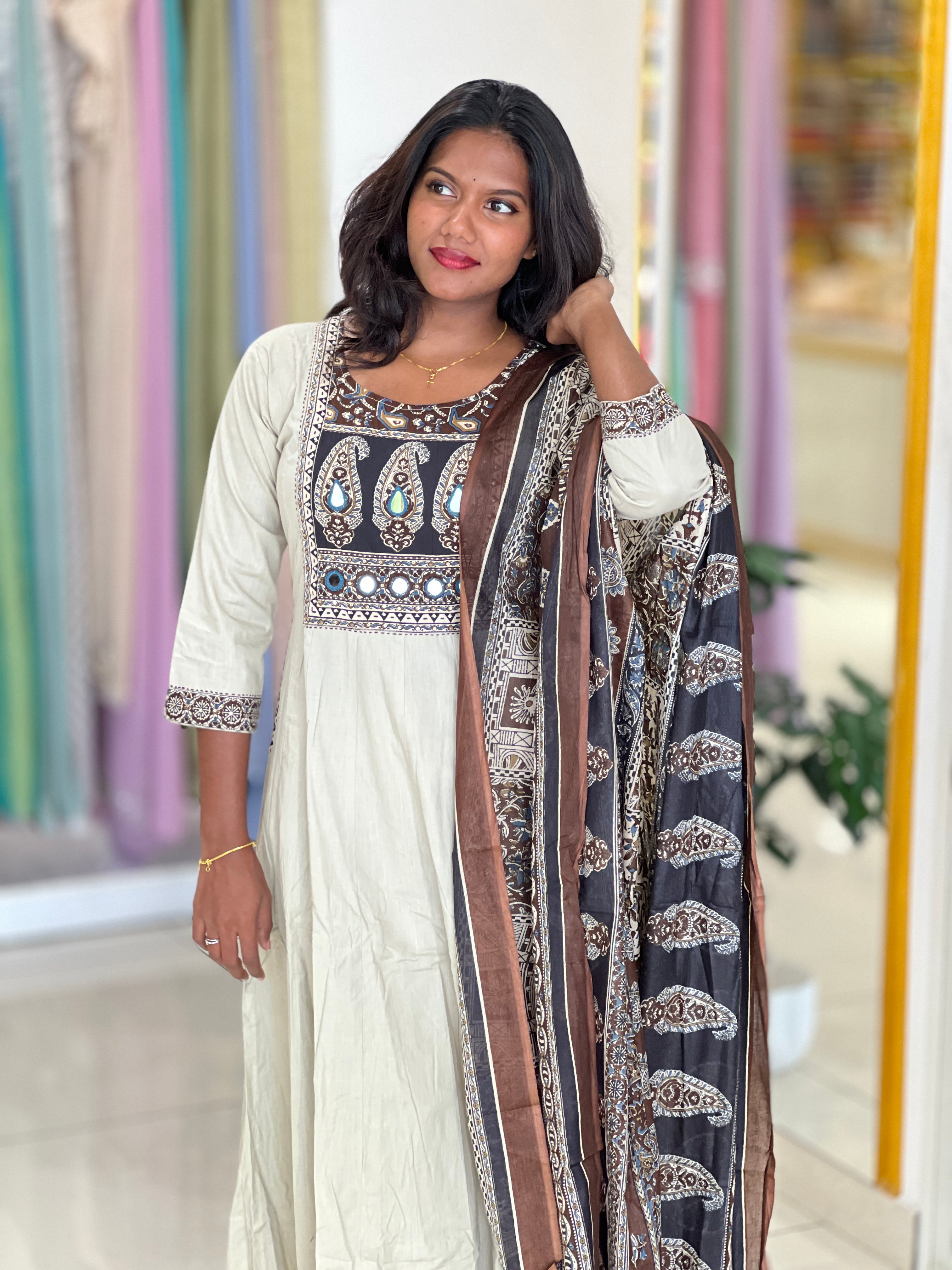 Embroidery and MirrorWork Detailed Cotton Kurta Set | OMF141