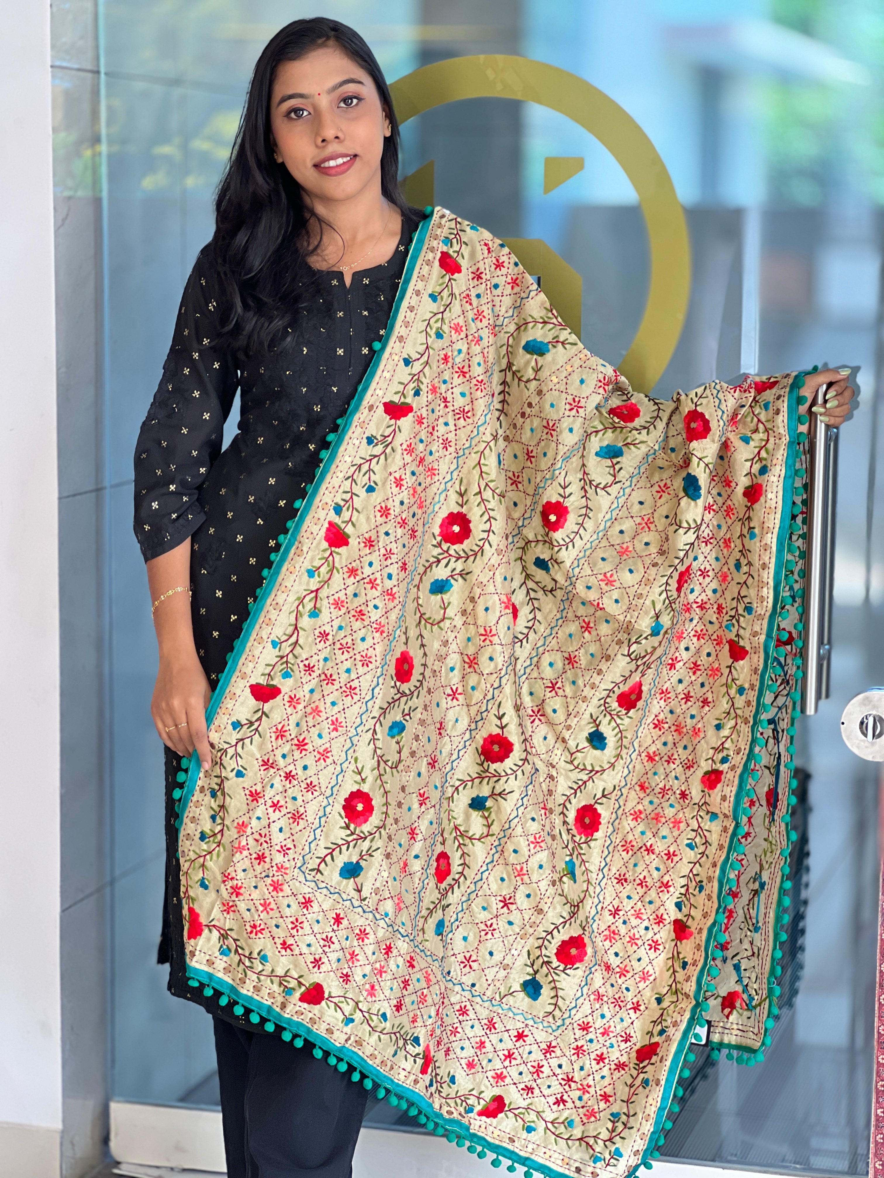 Traditional Thread Embroidery Detailed Chanderi Finish Dupatta | VET275