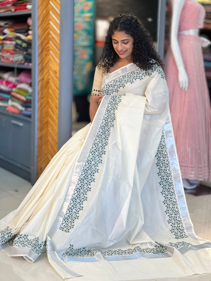 Hand Block Printed Kerala Cotton Saree | GAT288