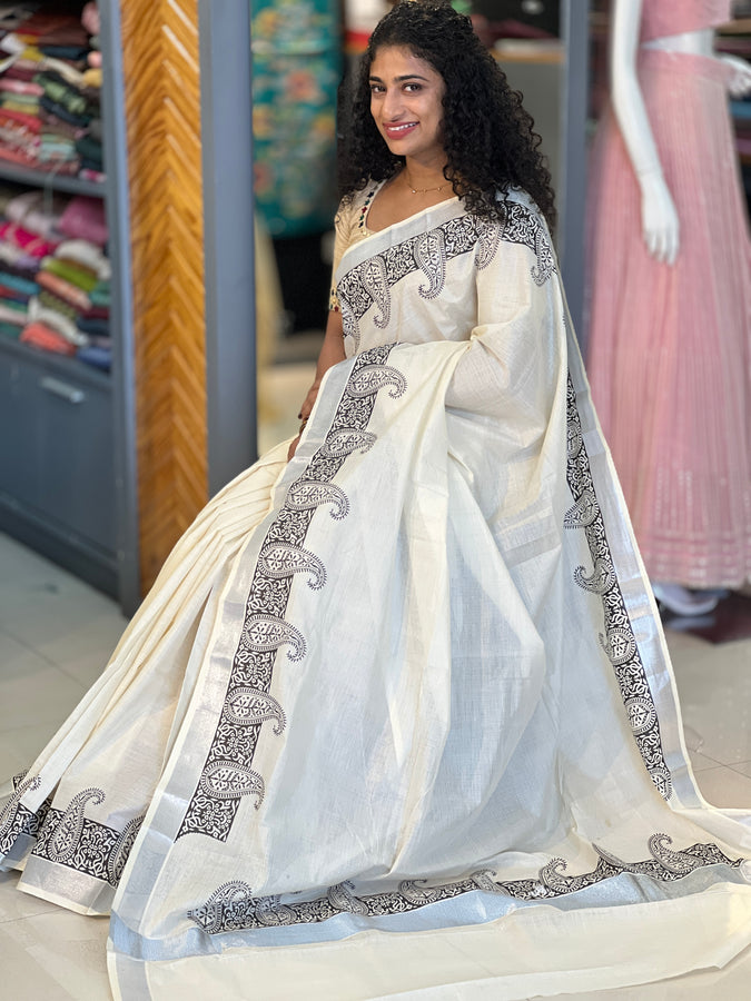Hand Block Printed Kerala Cotton Saree | GAT290