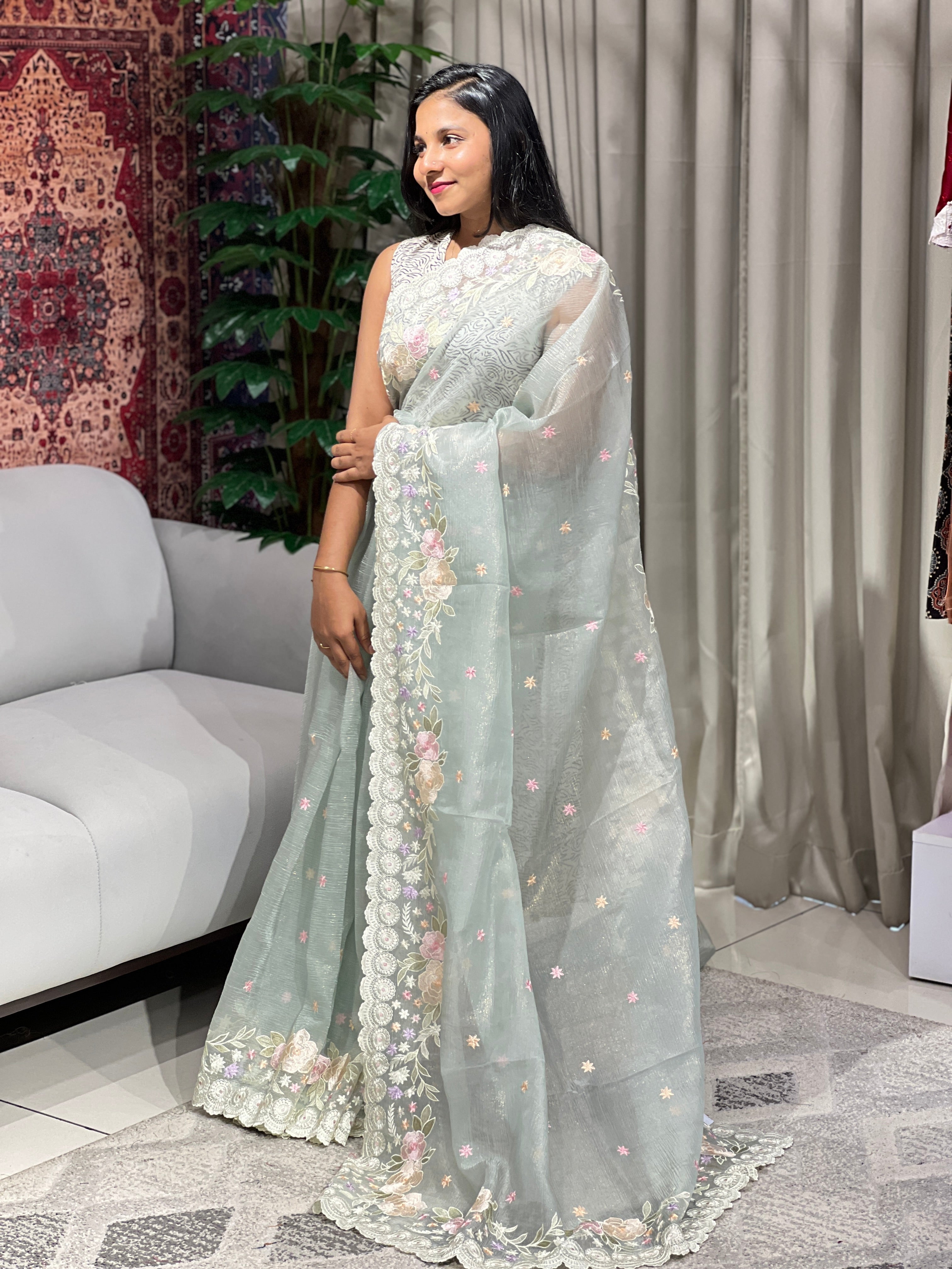 Floral Machine Embroidery Detailed Crushed Shimmer Organza Saree | BLD1551