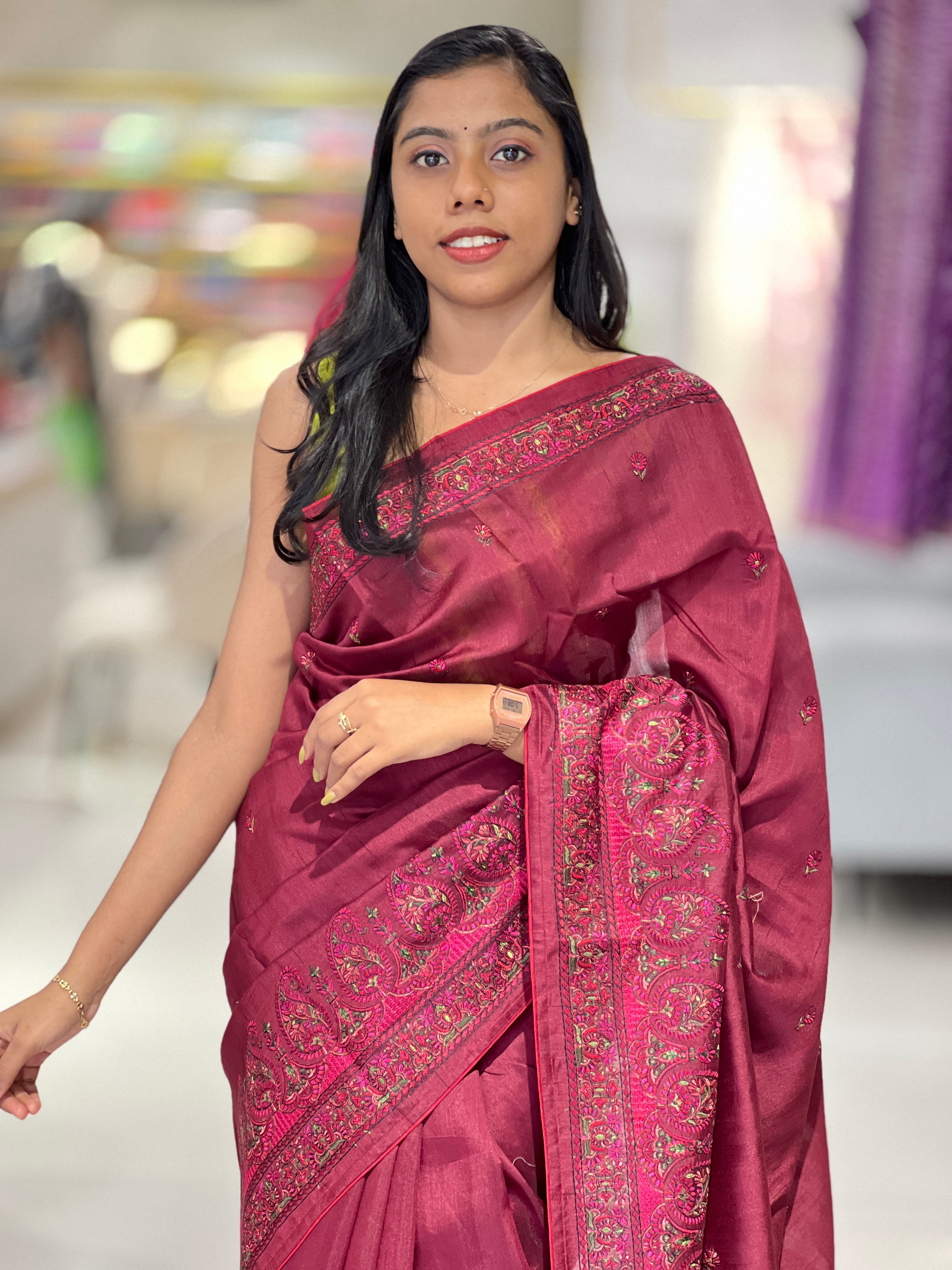 Machine Embroidery Detailed Tussar Saree | SUN414