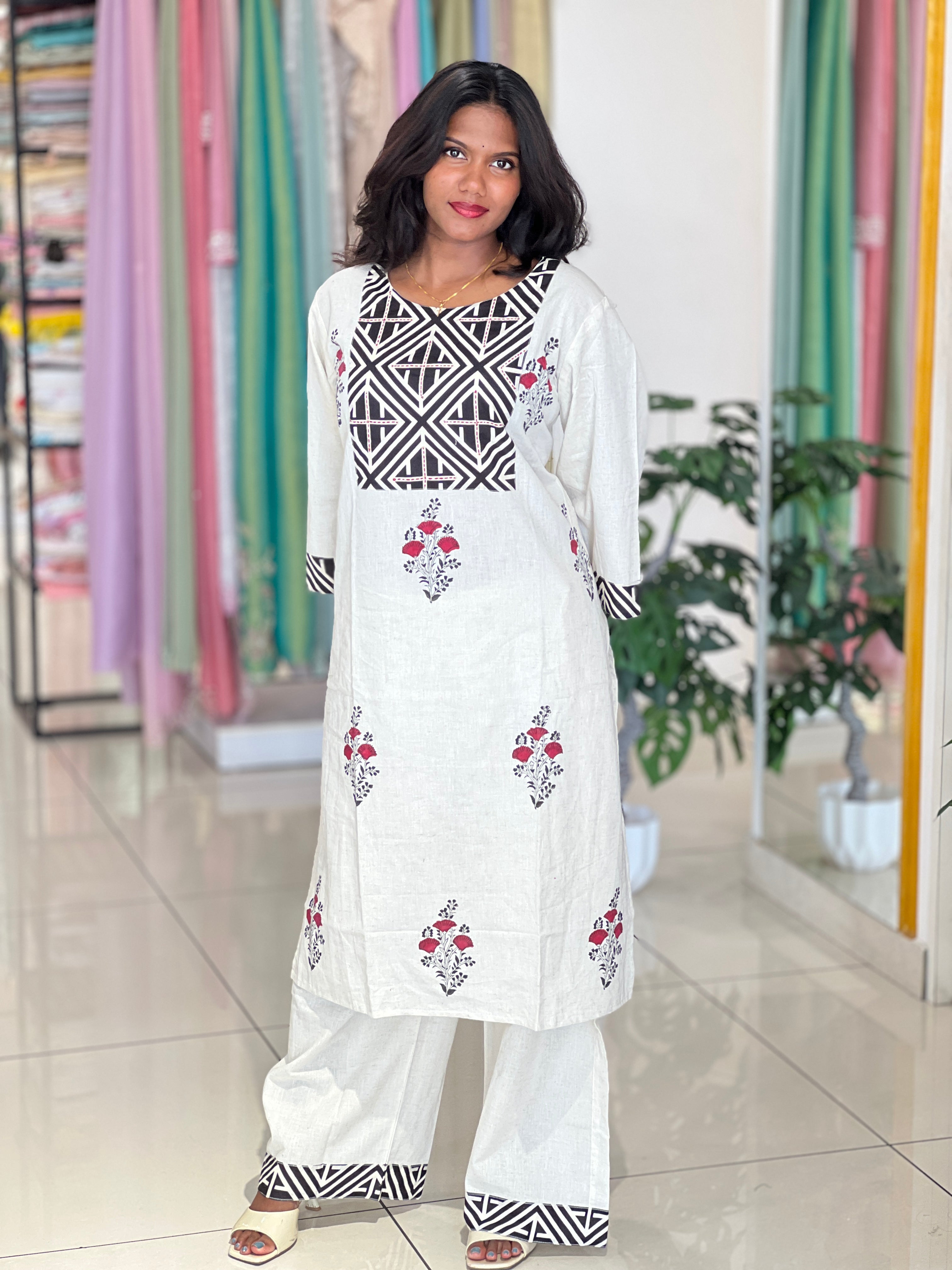 Geometric Kantha Sequins Cotton Kurta Set |OMF157