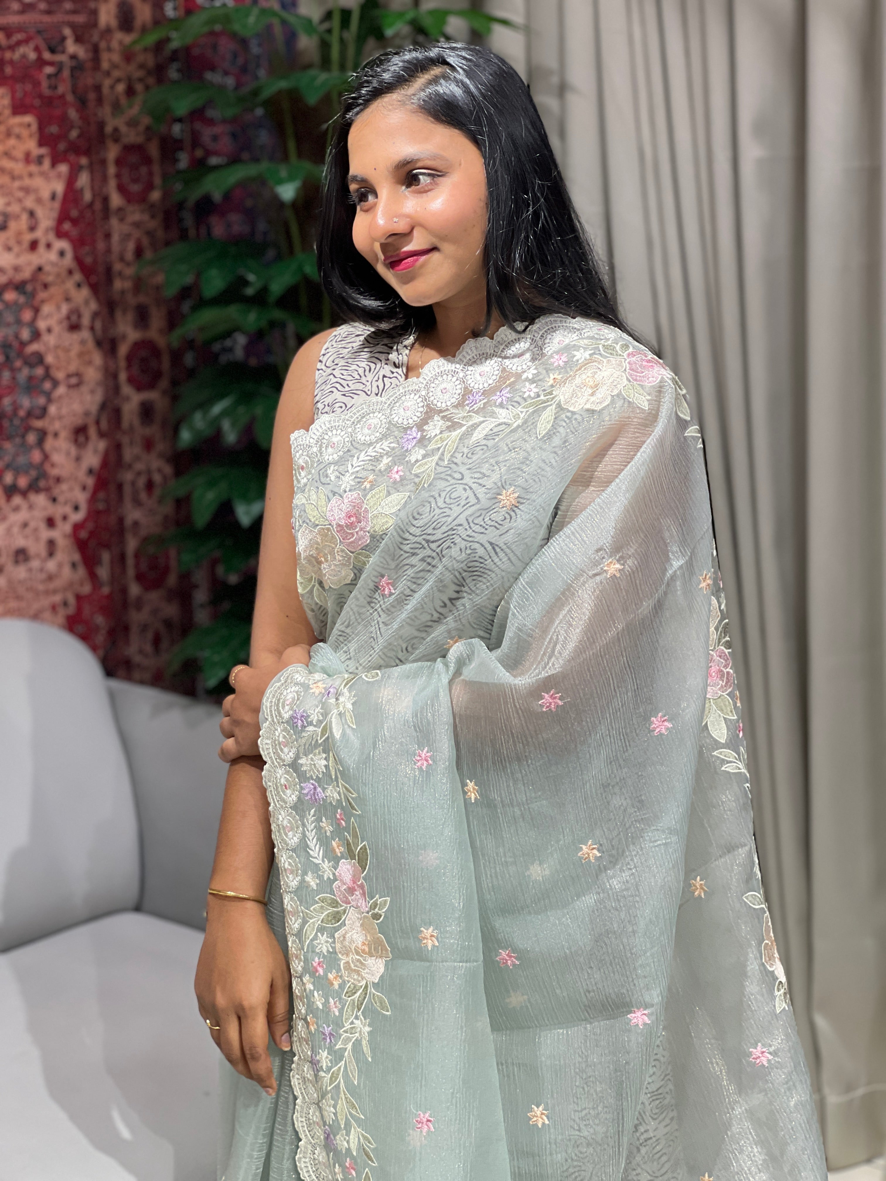 Floral Machine Embroidery Detailed Crushed Shimmer Organza Saree | BLD1551