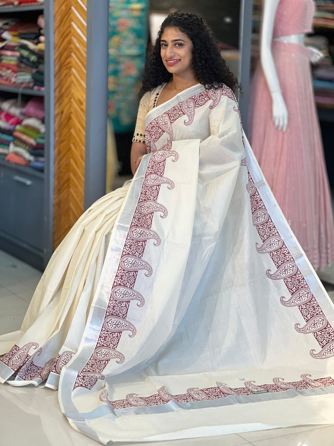 Hand Block Printed Kerala Cotton Saree | GAT289