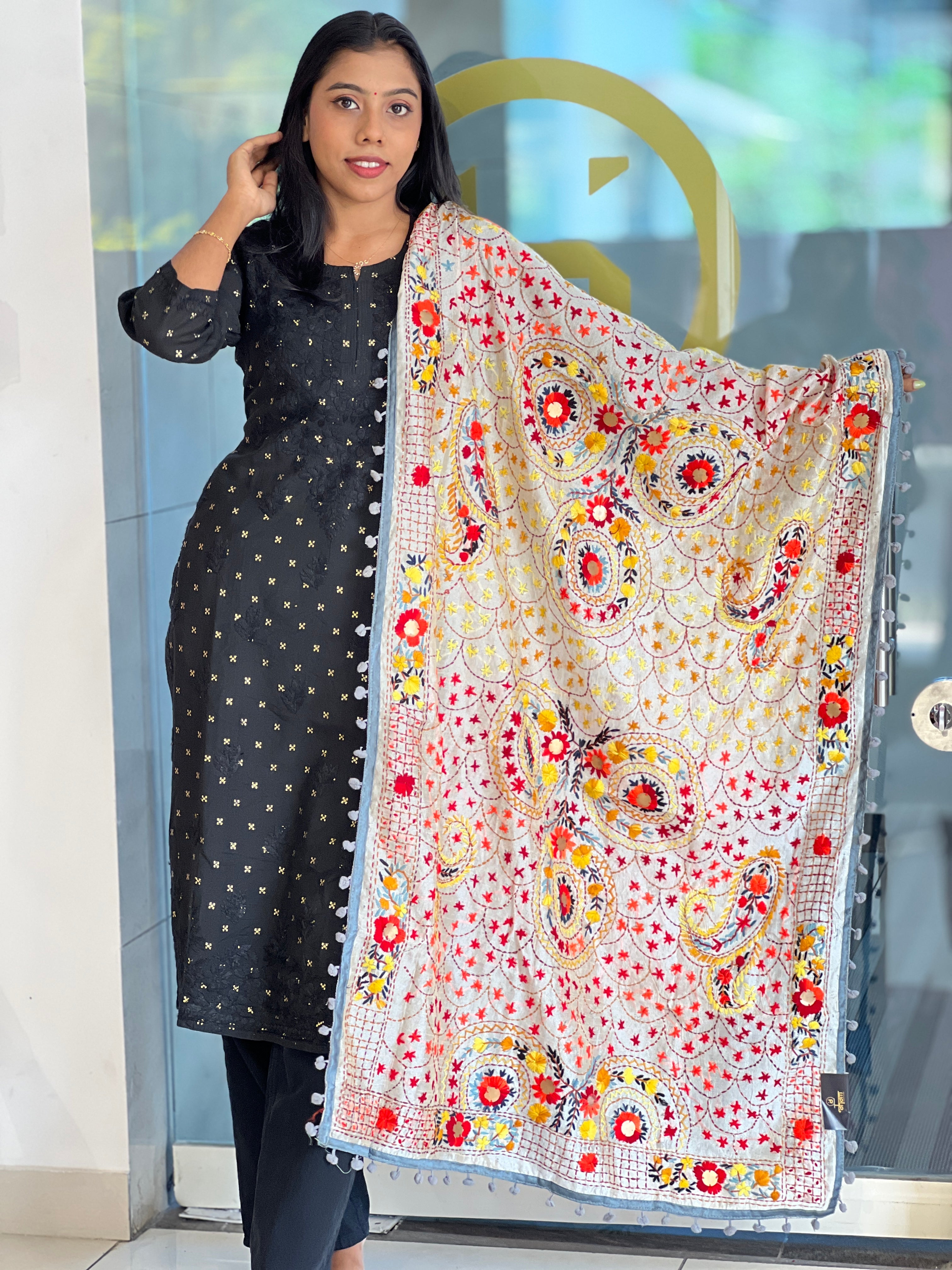 Traditional Thread Embroidery Detailed Chanderi Finish Dupatta | VET305