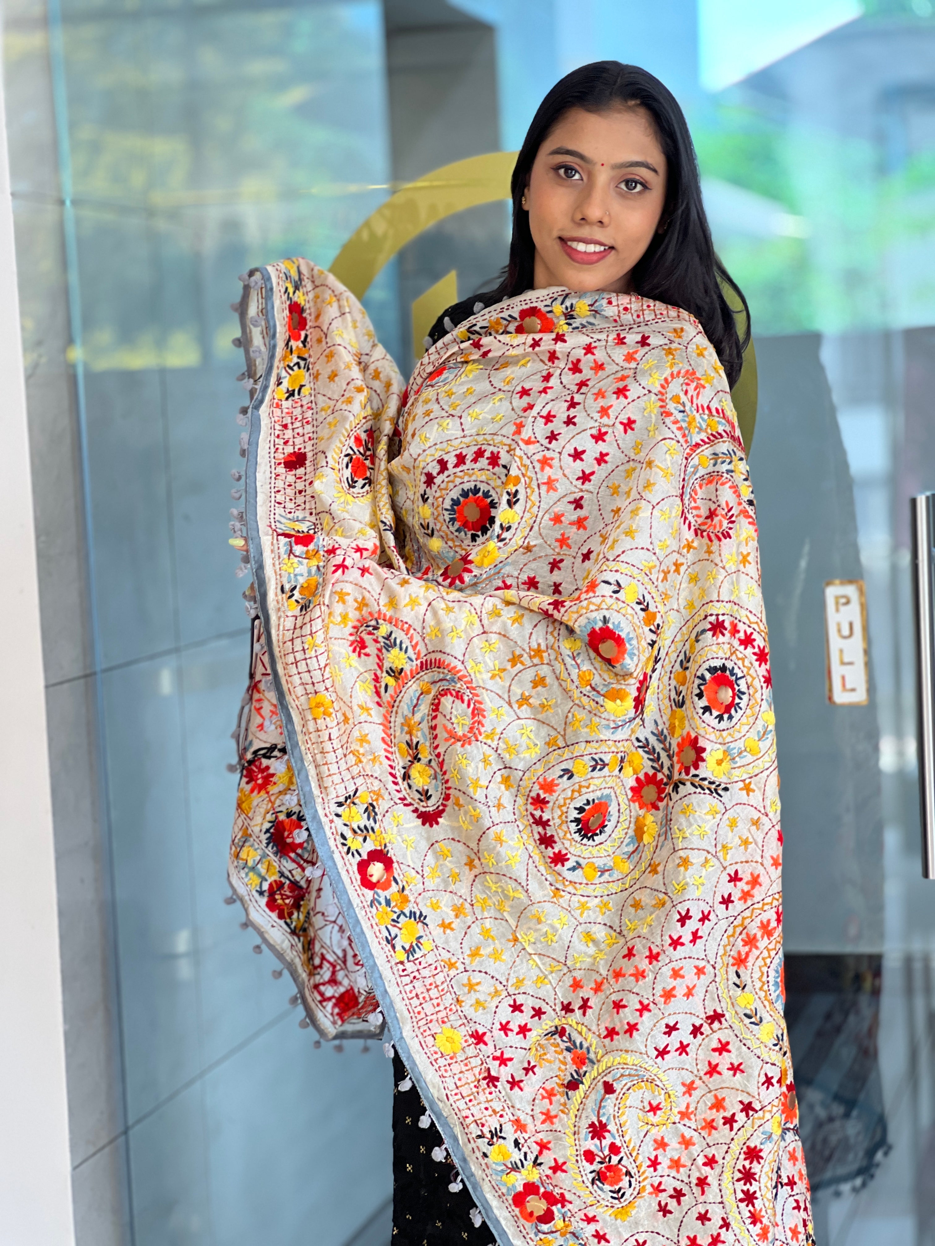 Traditional Thread Embroidery Detailed Chanderi Finish Dupatta | VET305