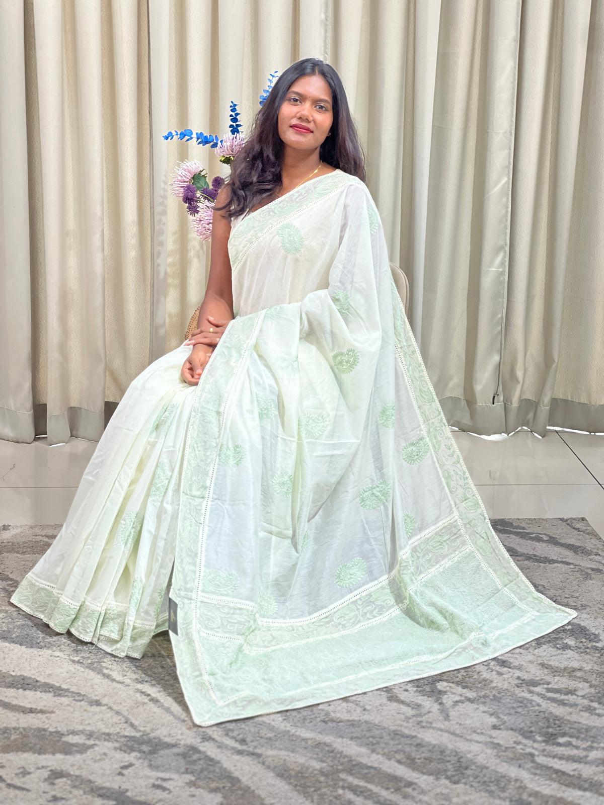 Lucknowi Embroidery Pattern Mul Chanderi Saree | MM698