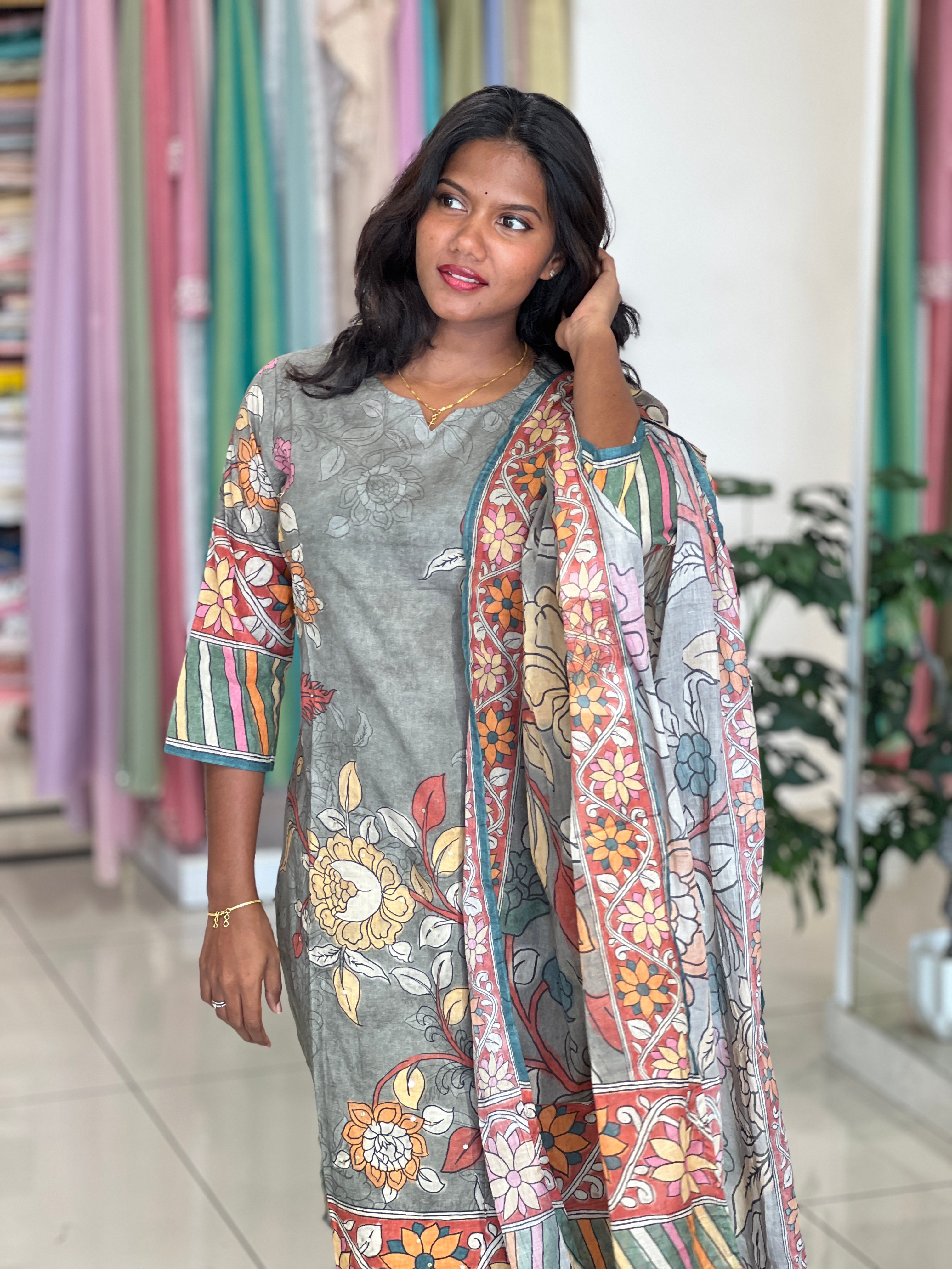 Negative Print Detail Cotton Kurta Set | UNM149