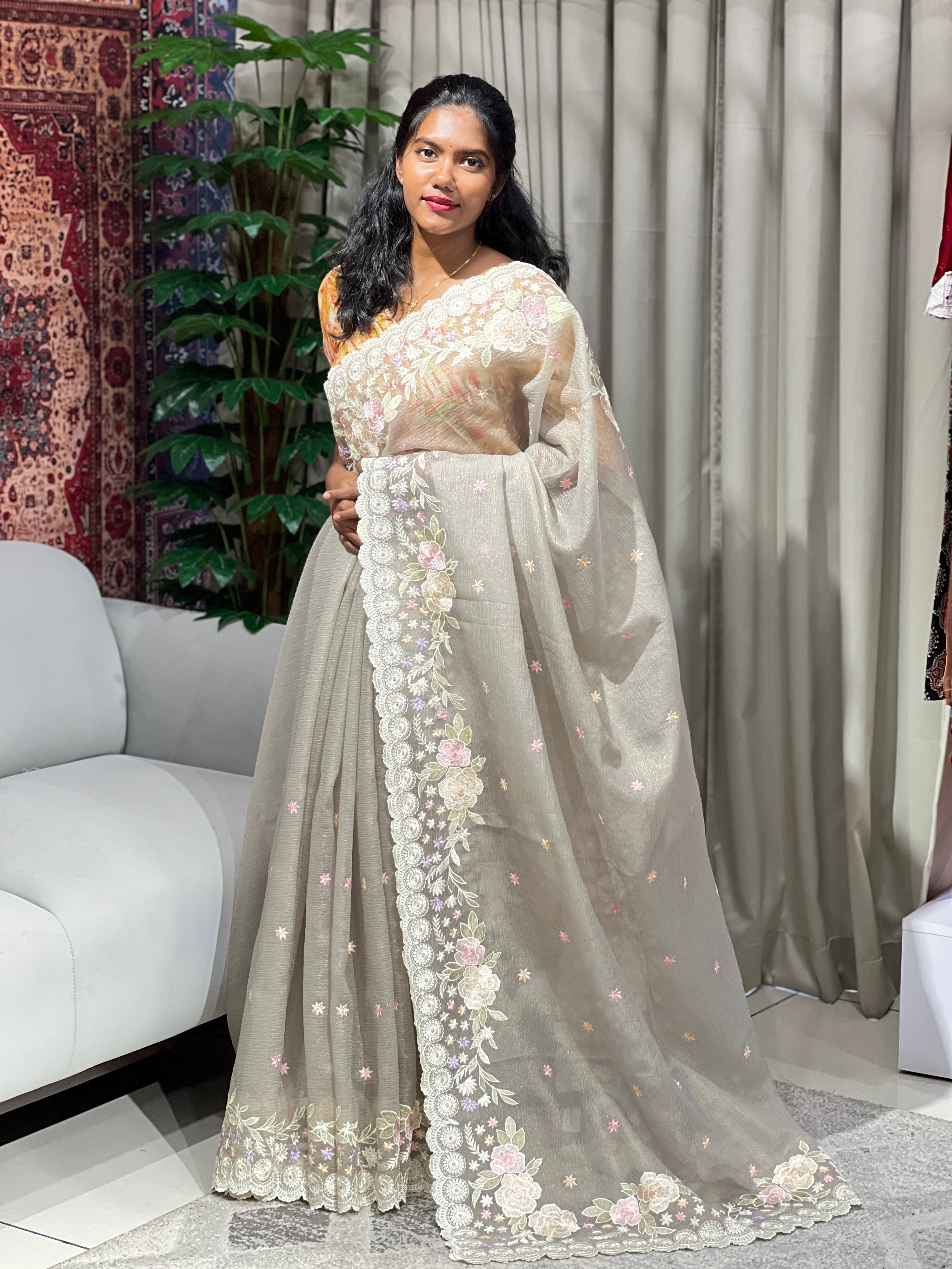 Floral Machine Embroidery Detailed Crushed Shimmer Organza Saree | BLD1552