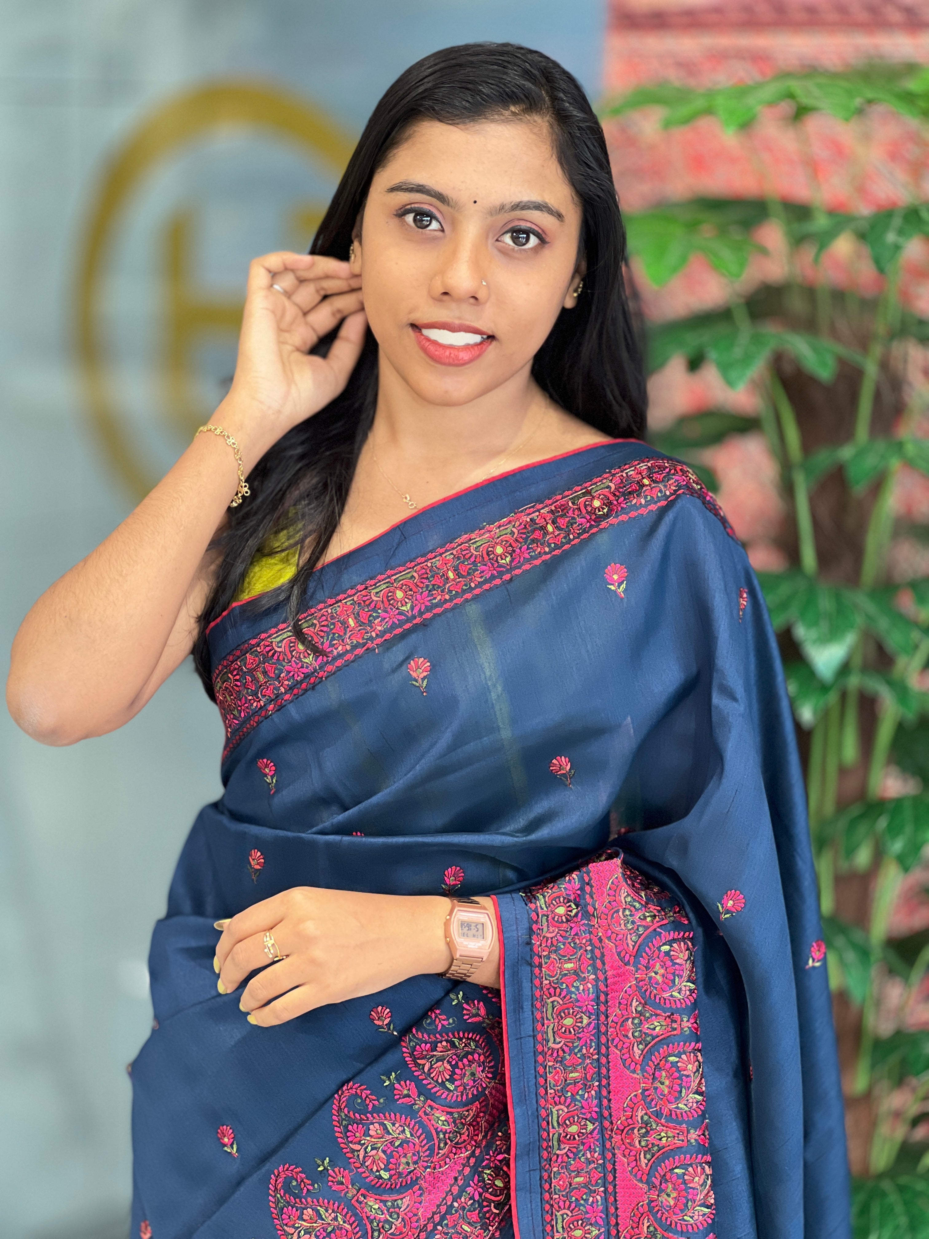 Machine Embroidery Detailed Tussar Saree | SUN416