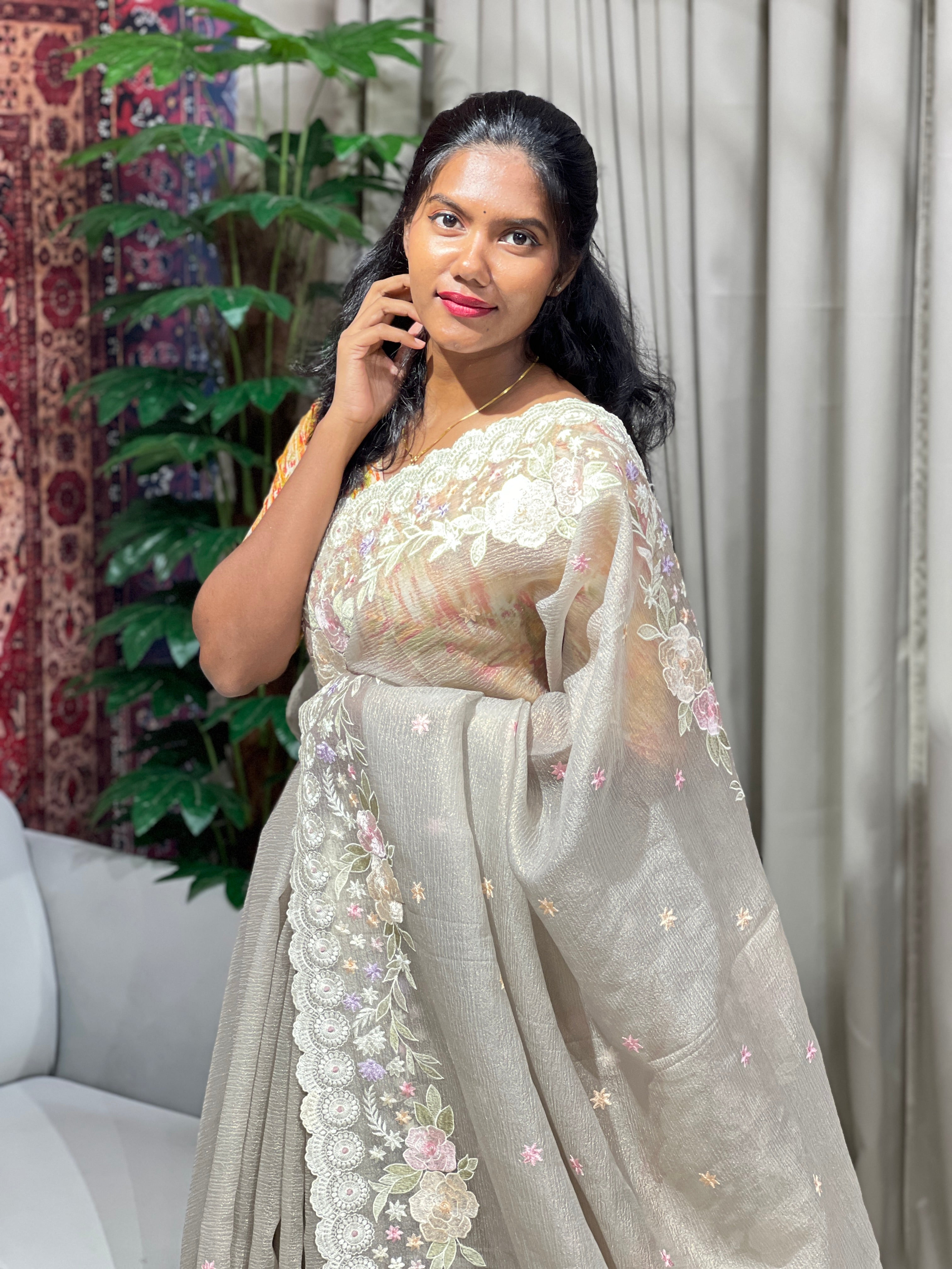 Floral Machine Embroidery Detailed Crushed Shimmer Organza Saree | BLD1552