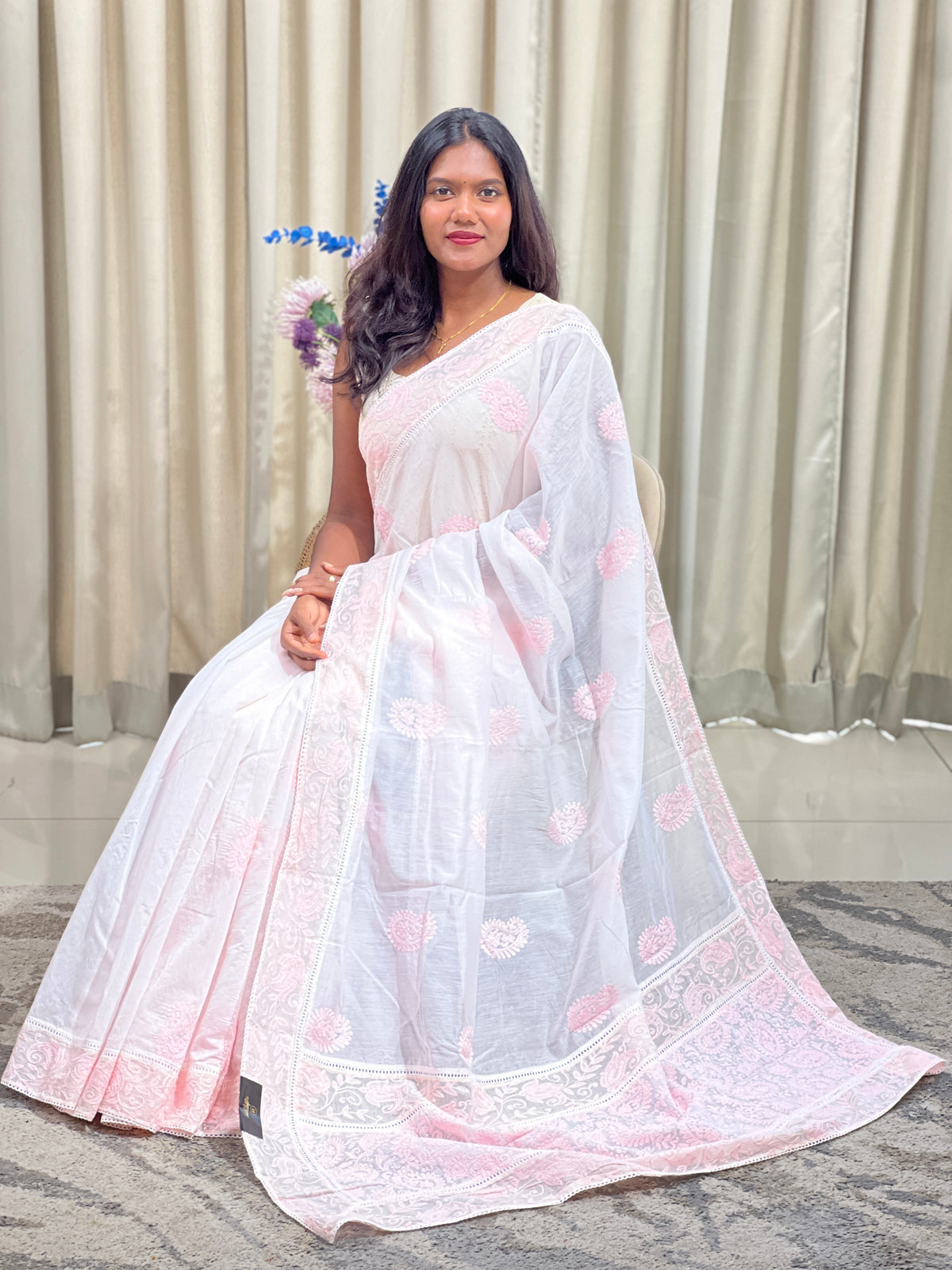 Lucknowi Embroidery Pattern Mul Chanderi Saree | MM697