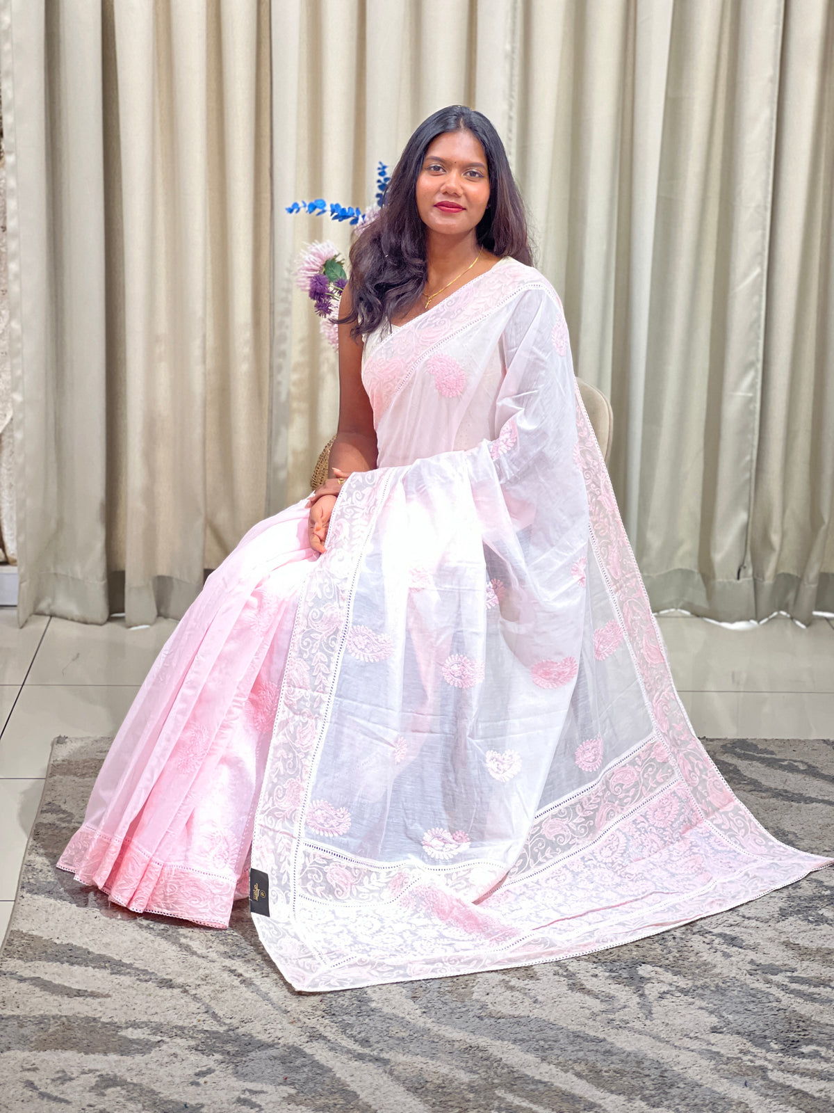 Lucknowi Embroidery Pattern Mul Chanderi Saree | MM696