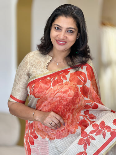 Floral Printed Banarasi Check Kota Saree | SSN157