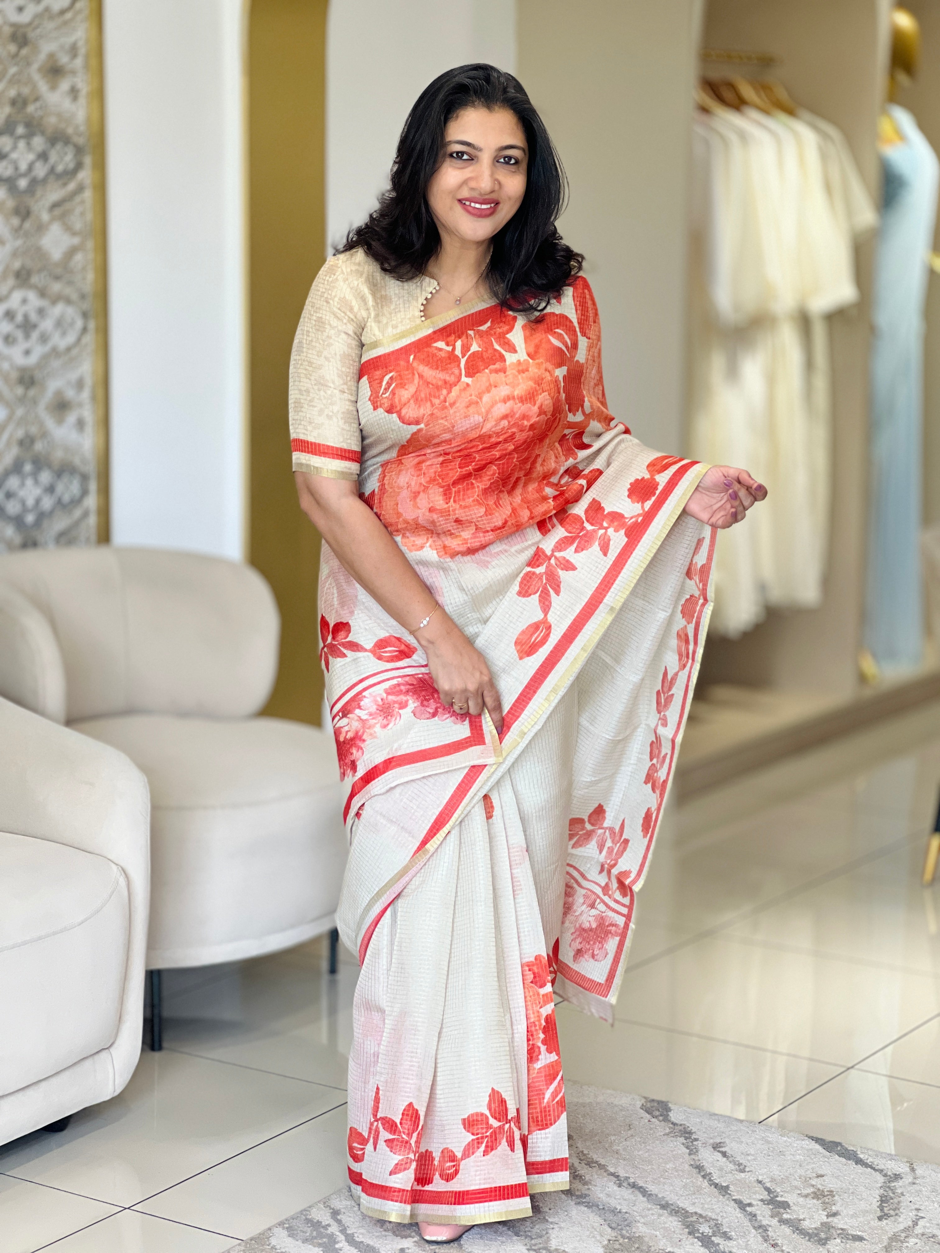 Floral Printed Banarasi Check Kota Saree | SSN157