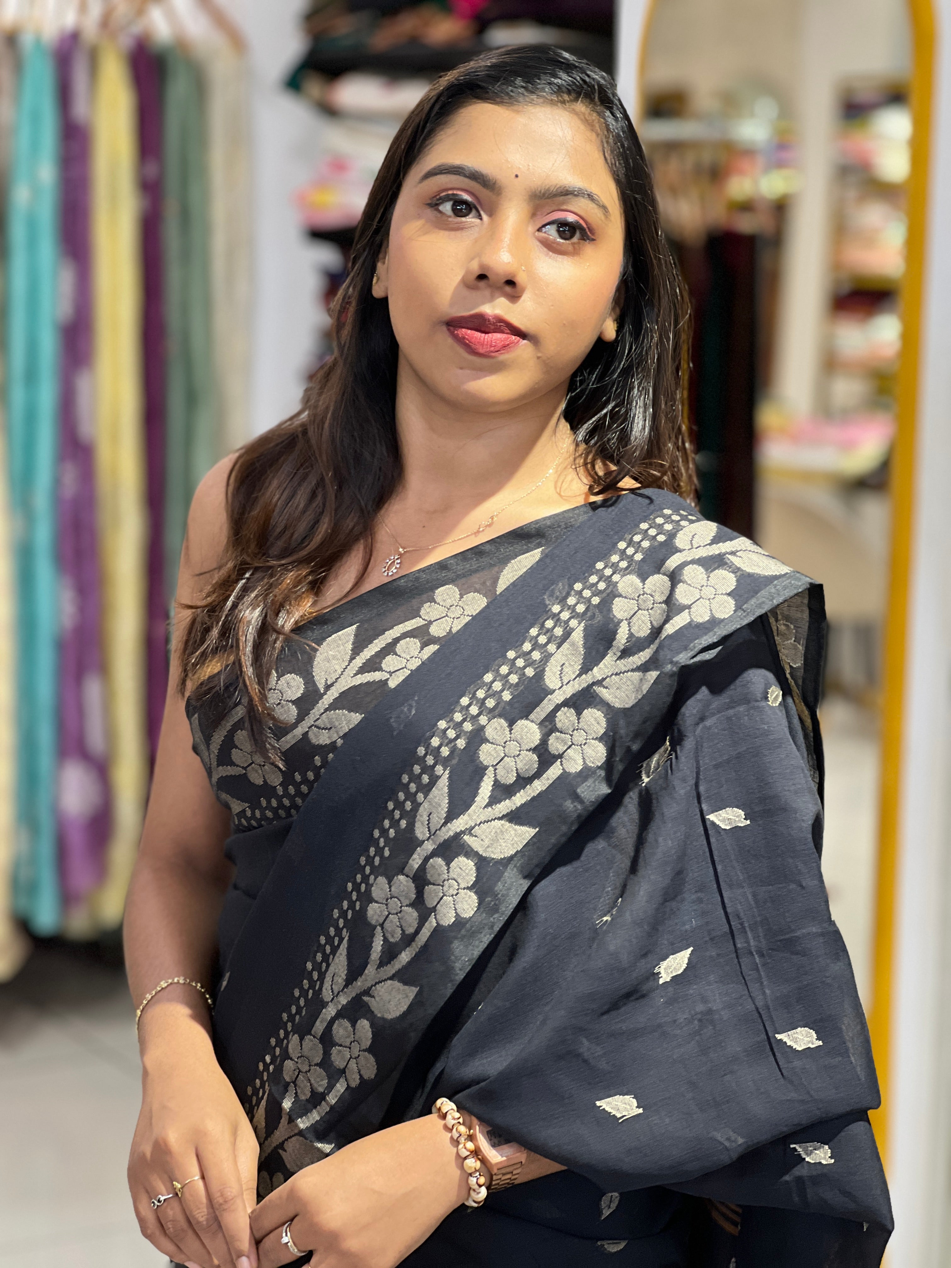 Floral Patterned Thread Weaving Linen Cotton Saree | PF1175