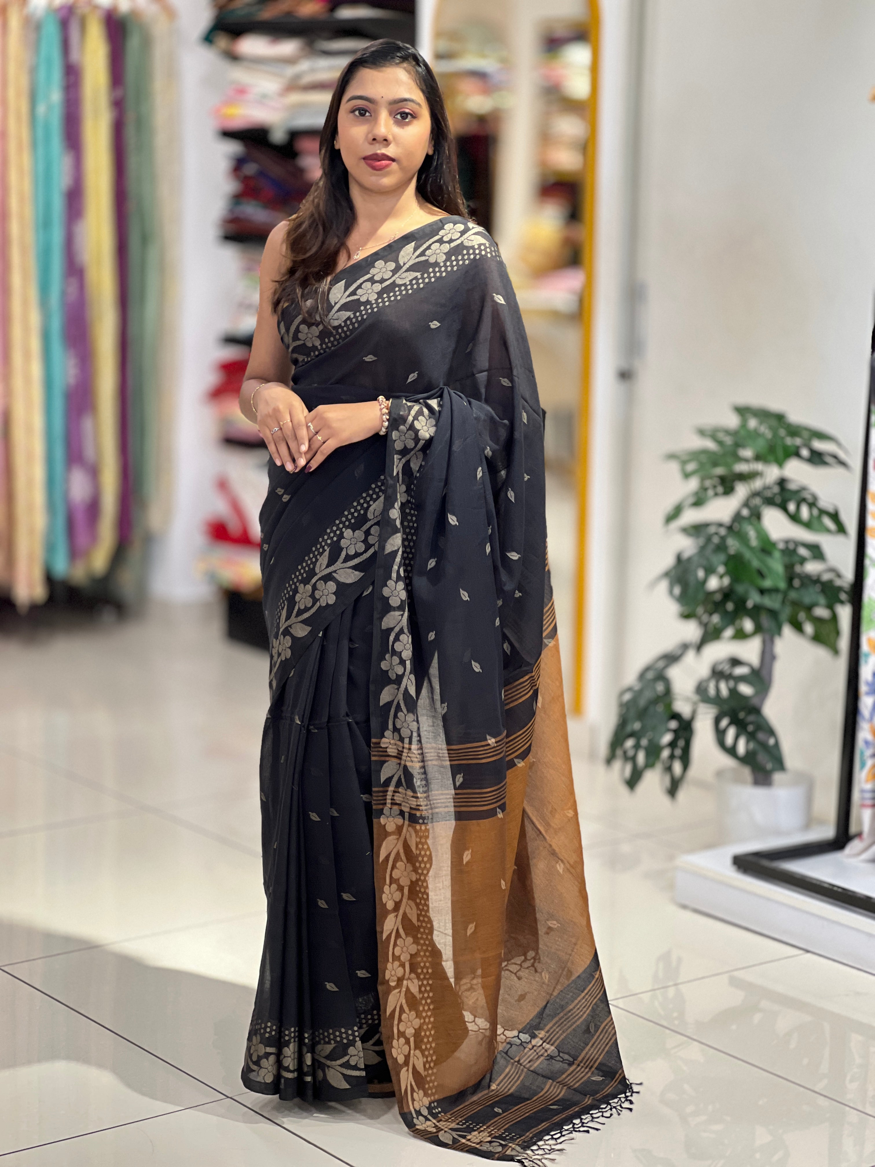 Floral Patterned Thread Weaving Linen Cotton Saree | PF1175