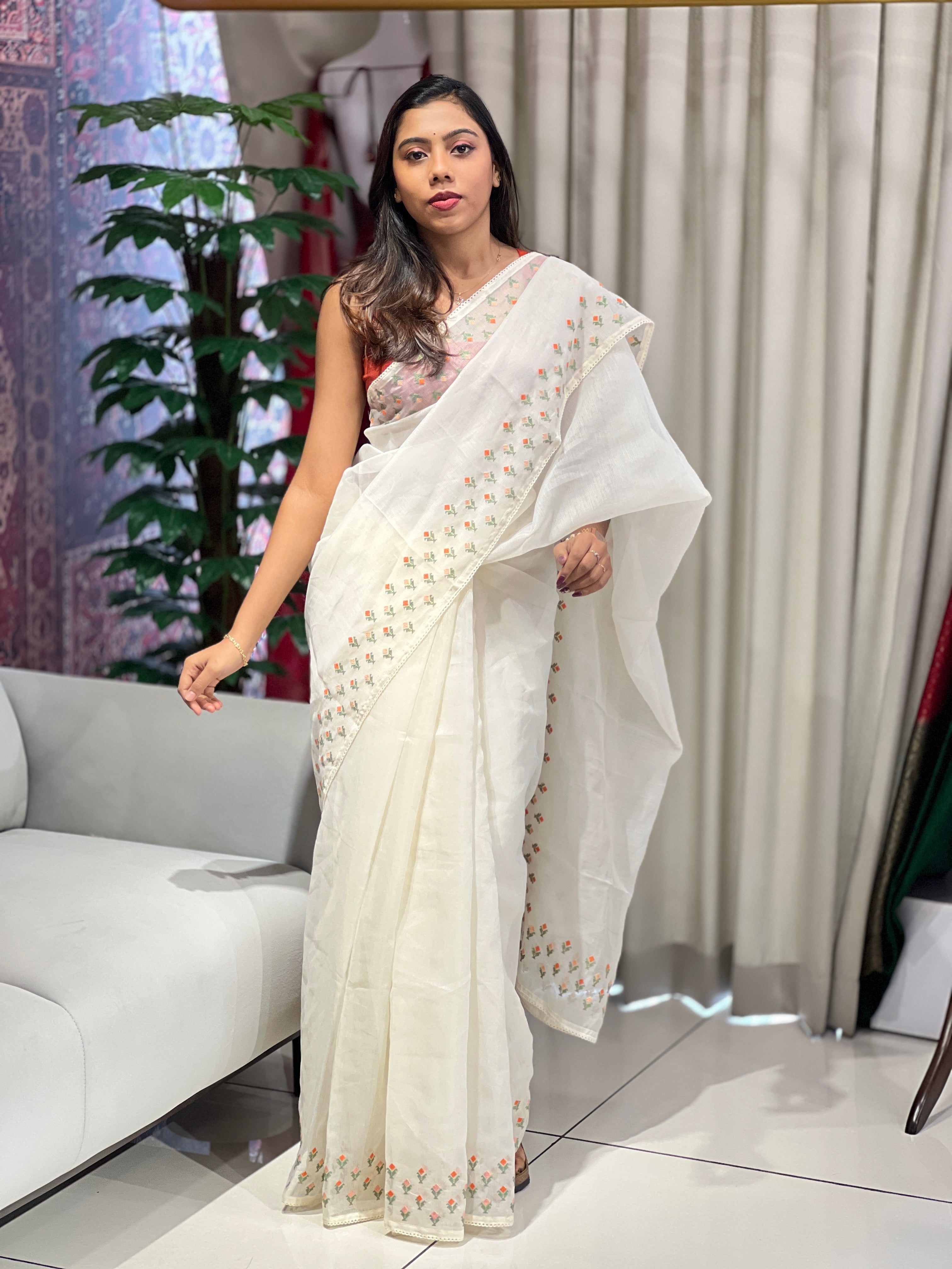 Floral Cross Stitch Embroidery Detailed Kota Saree | PF1178