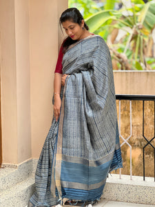 Hand Block Print Design Muga Tussar Indigo Saree | RUS110