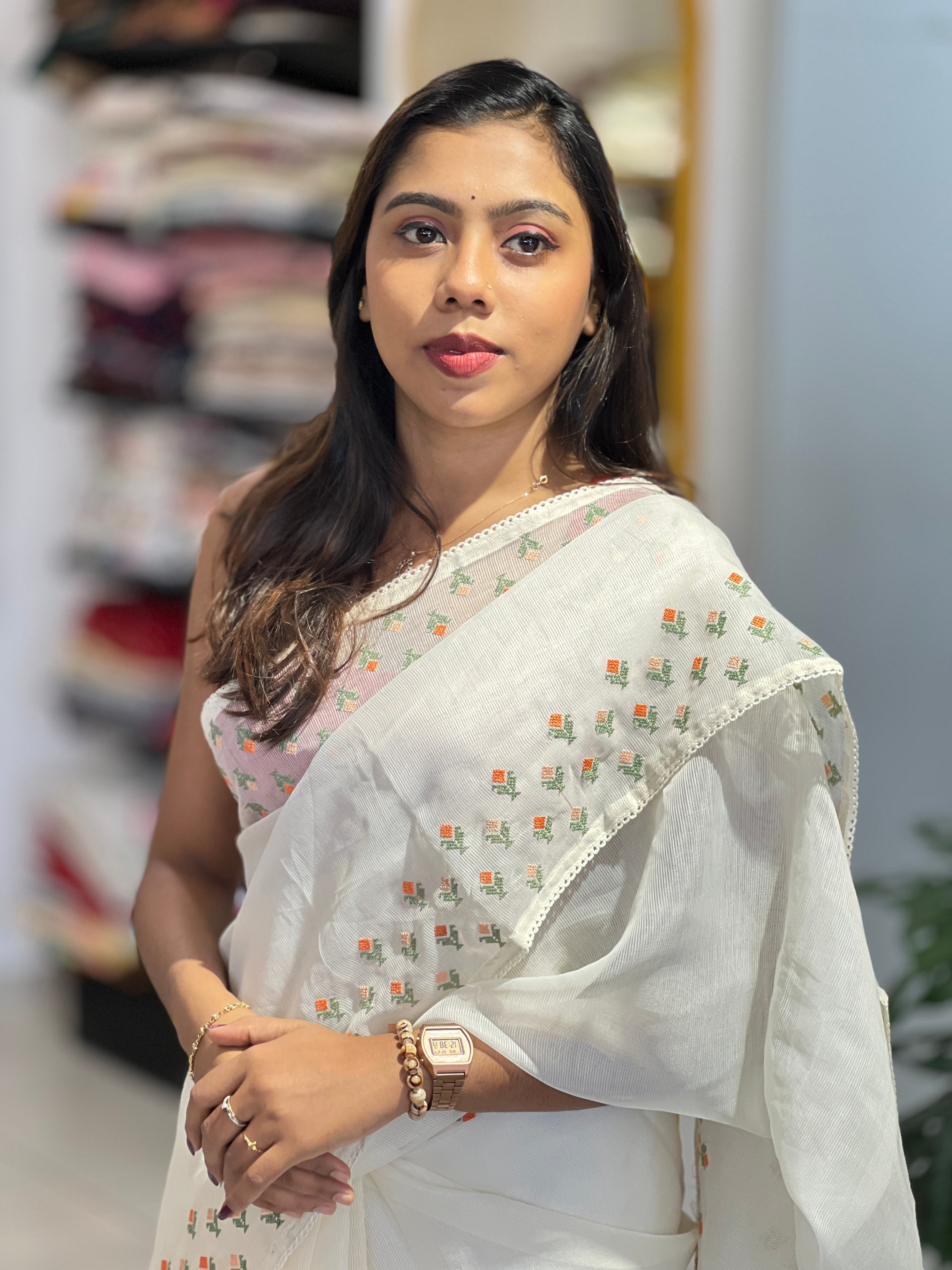 Floral Cross Stitch Embroidery Detailed Kota Saree | PF1178