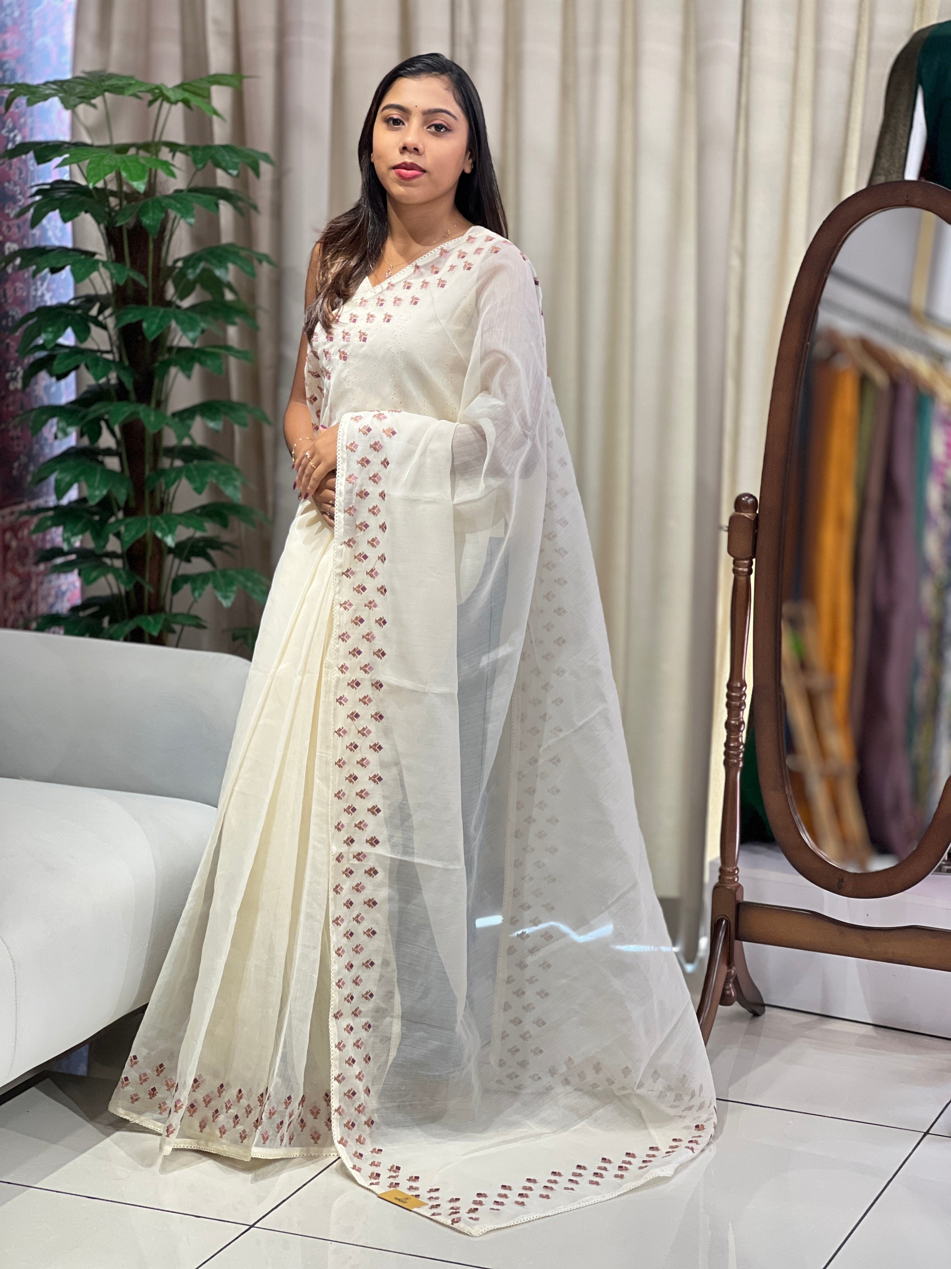 Floral Cross Stitch Embroidery Detailed Kota Saree | PF1176