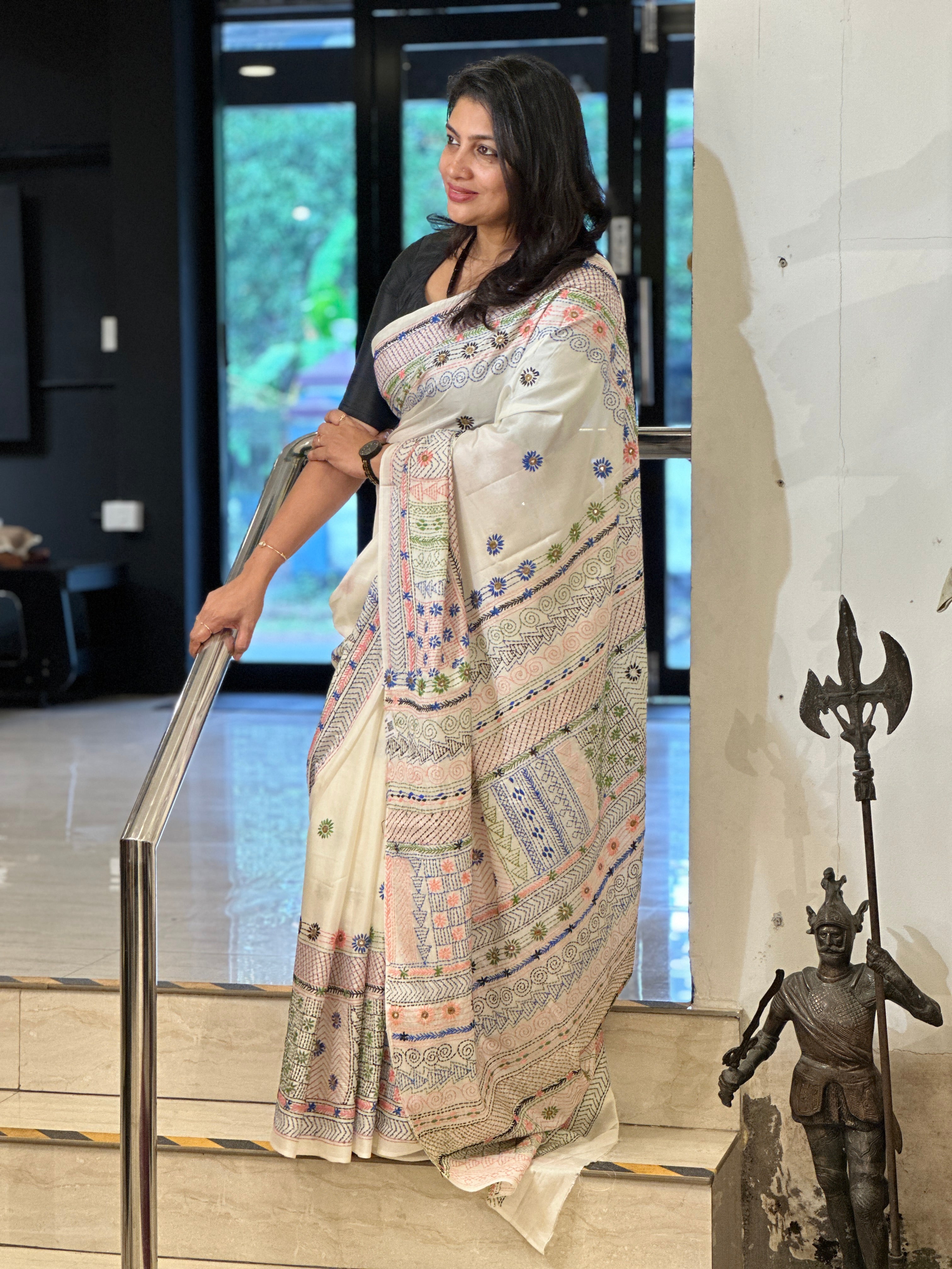 Multi-Color Hand Kantha Embroidered Bangalore Silk Saree | AYD161