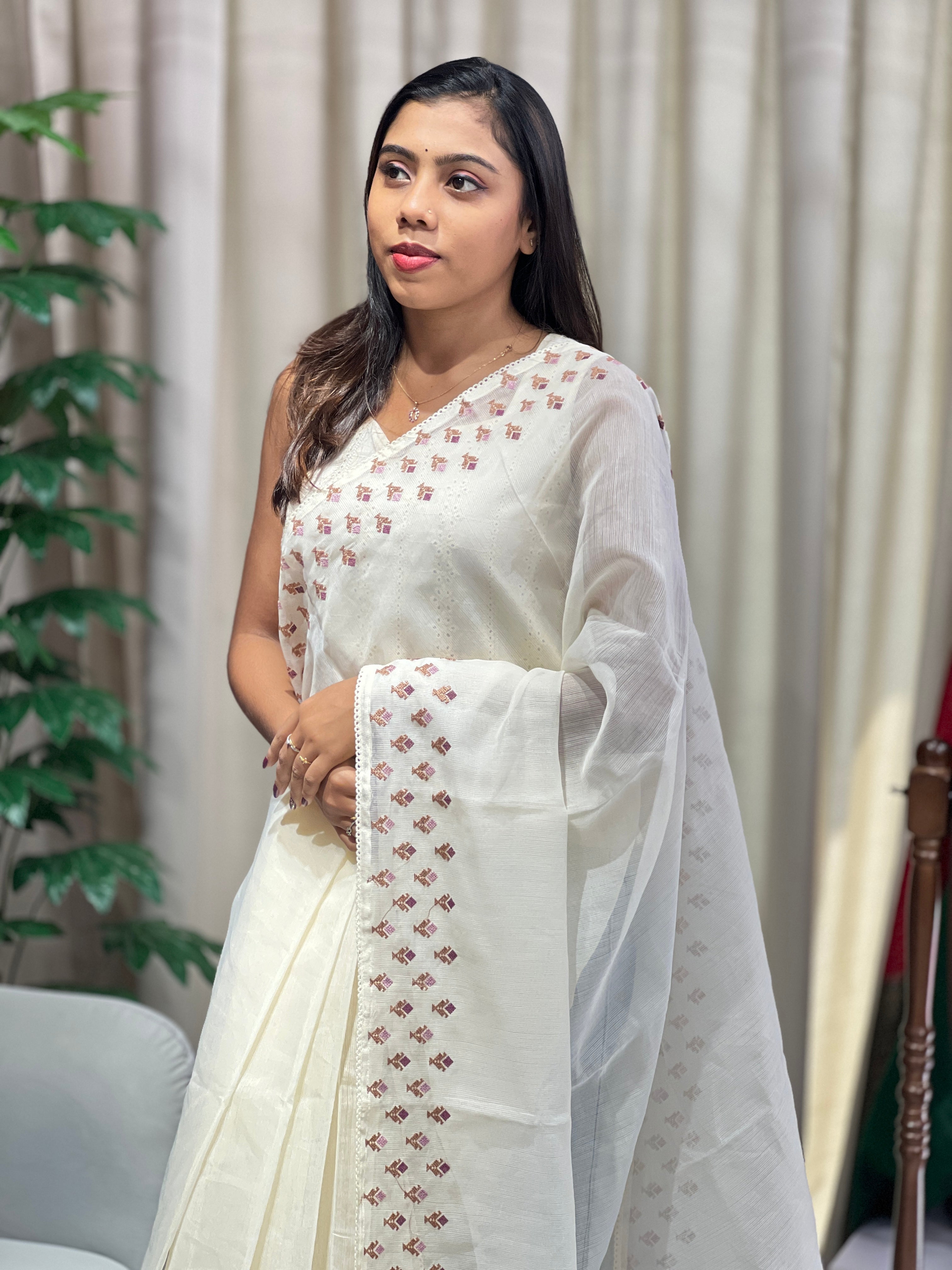 Floral Cross Stitch Embroidery Detailed Kota Saree | PF1176