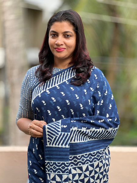 Kaisori Malhar Indigo Dabu leaf saree