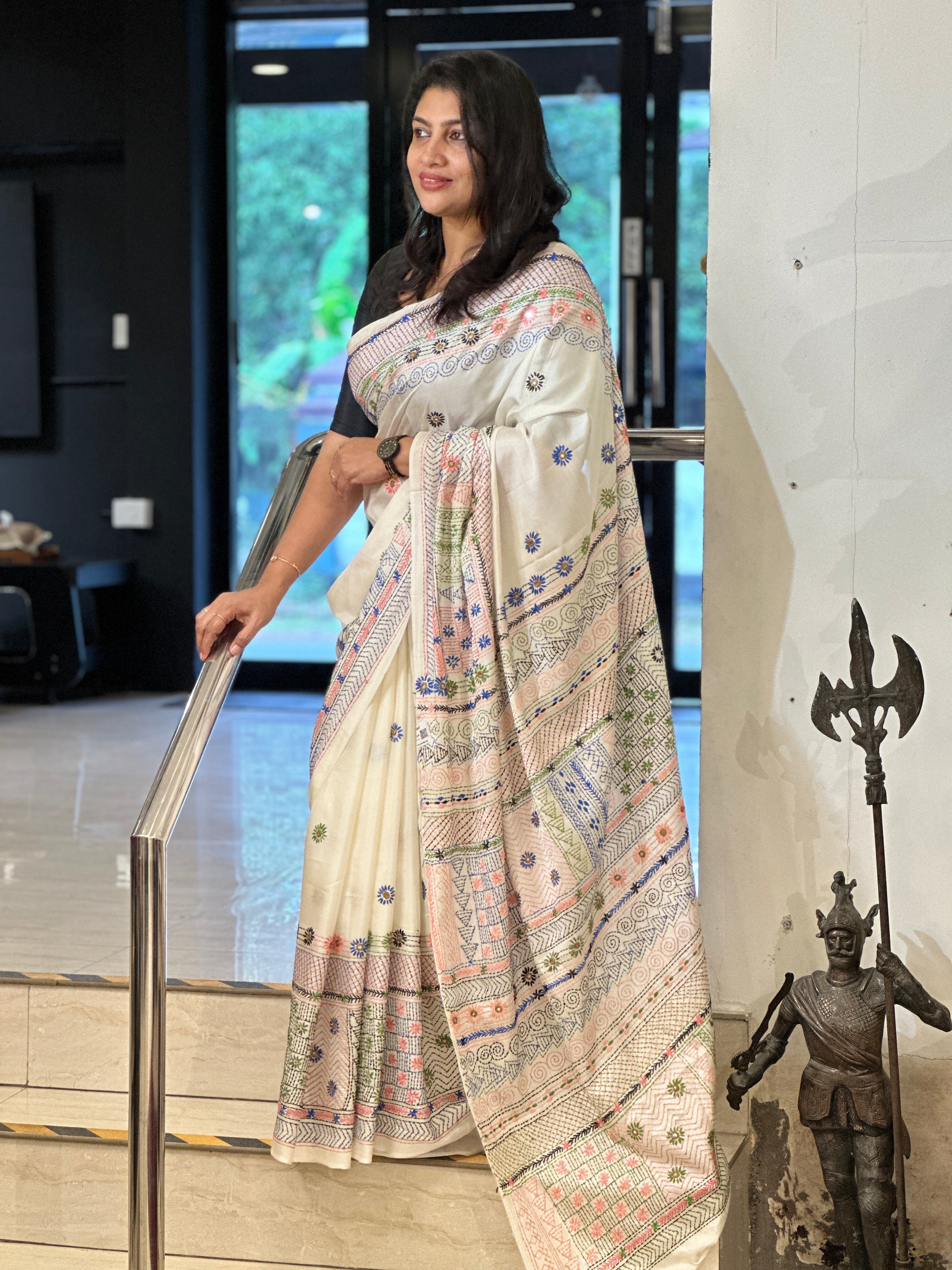 Multi-Color Hand Kantha Embroidered Bangalore Silk Saree | AYD161