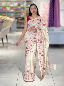 Multi-Colour Floral Cross Stitch Embroidered Pure Tussar Saree | SUN450