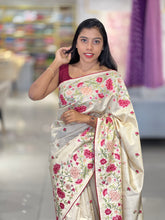 Multi-Colour Floral Cross Stitch Embroidered Pure Tussar Saree | SUN450