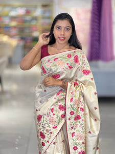 Multi-Colour Floral Cross Stitch Embroidered Pure Tussar Saree | SUN450