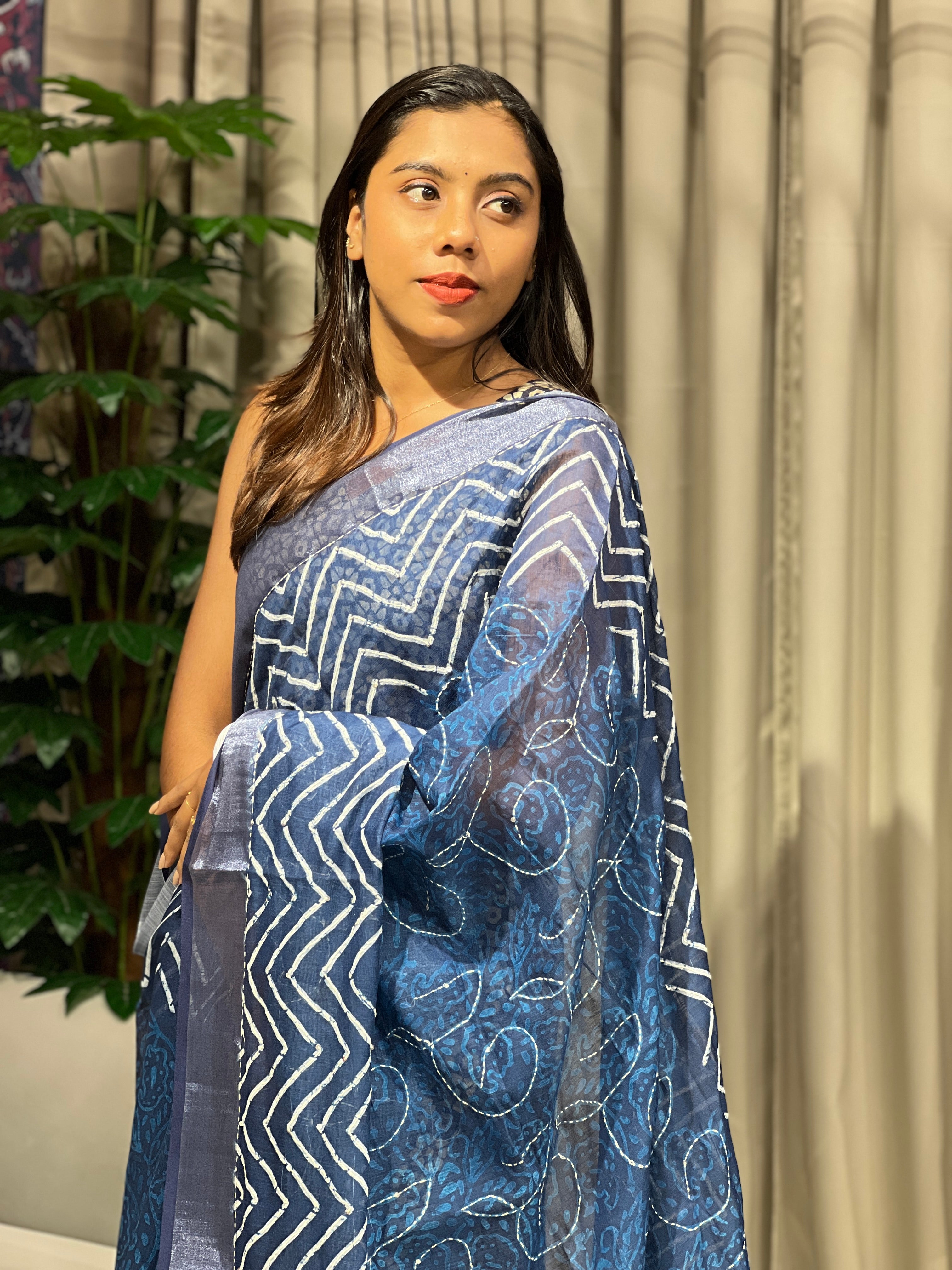 Batik Printed Linen Cotton Saree | BLD1576