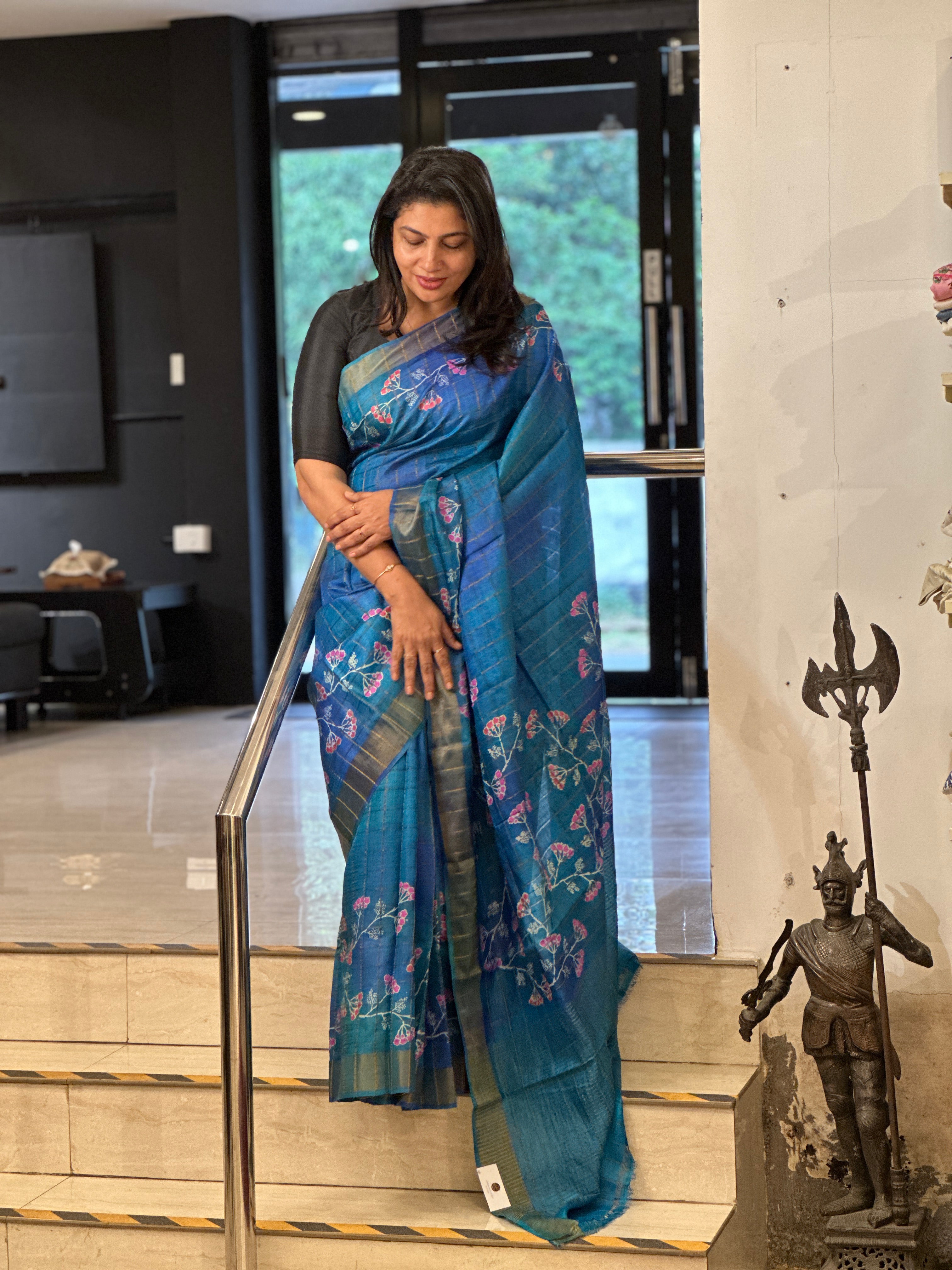 Zari Check With Floral Printed Pure Desi Tussar Saree | AYD174