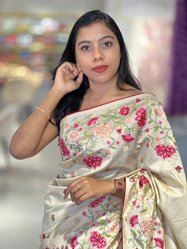 Multi-Colour Floral Cross Stitch Embroidered Pure Tussar Saree | SUN450