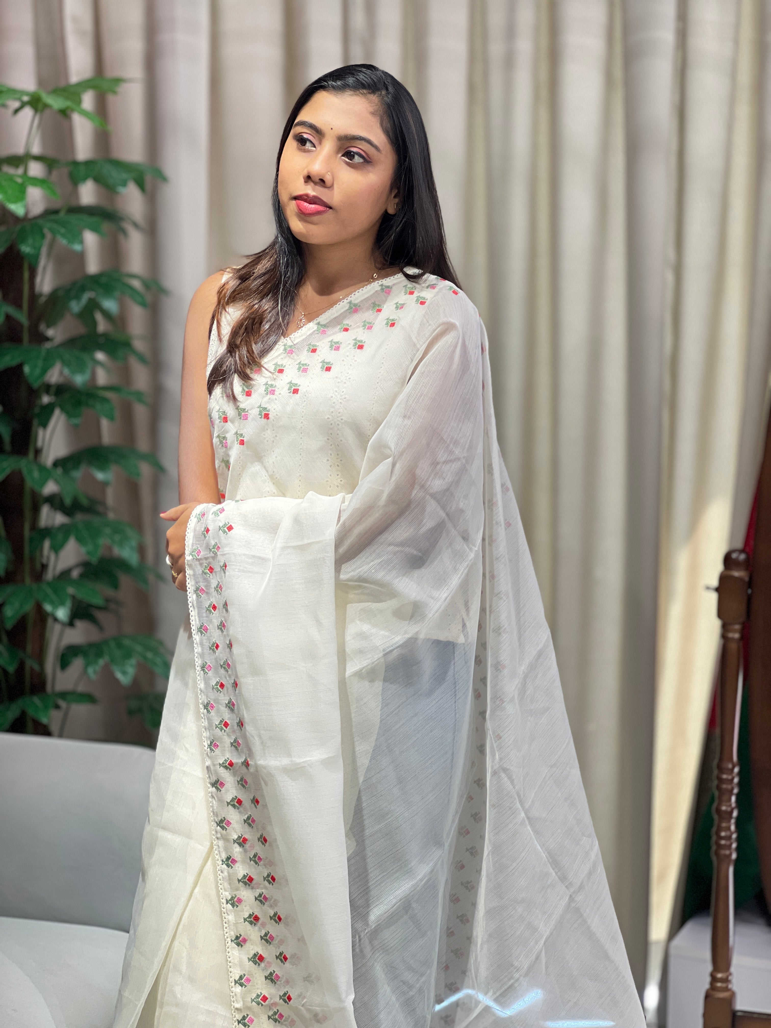 Floral Cross Stitch Embroidery Detailed Kota Saree | PF1177