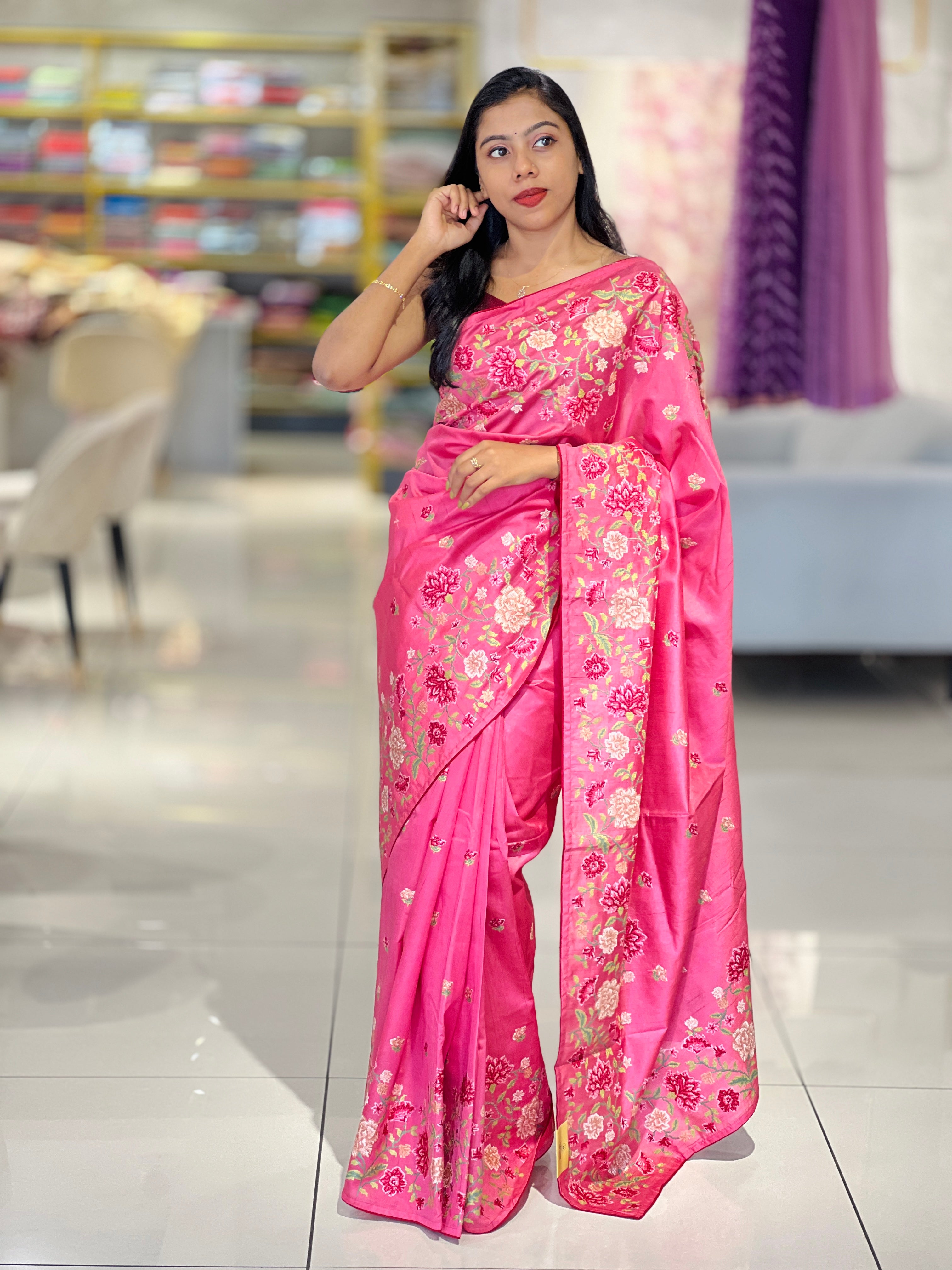 Multi-Colour Floral Cross Stitch Embroidered Pure Tussar Saree | SUN451