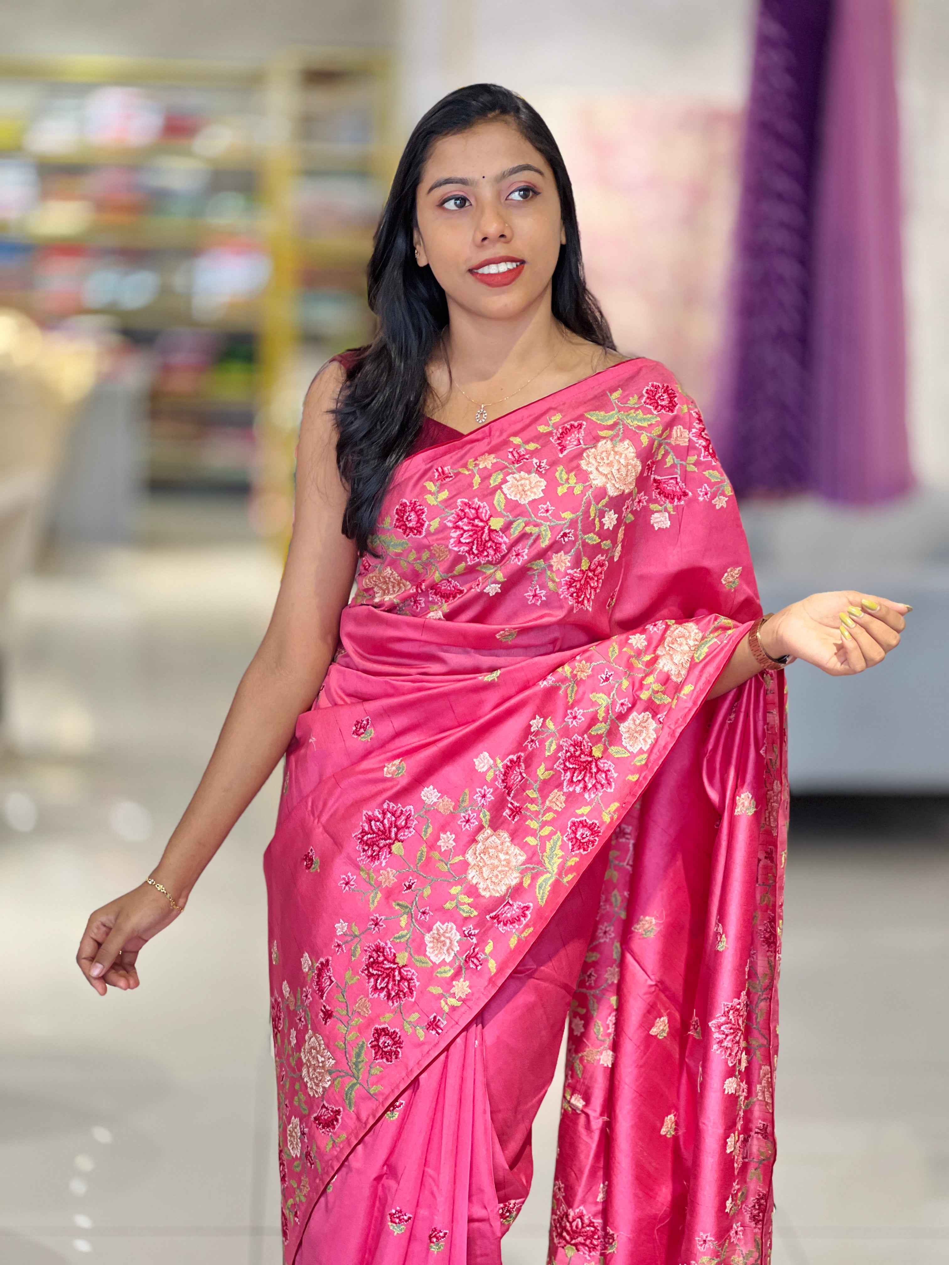 Multi-Colour Floral Cross Stitch Embroidered Pure Tussar Saree | SUN451