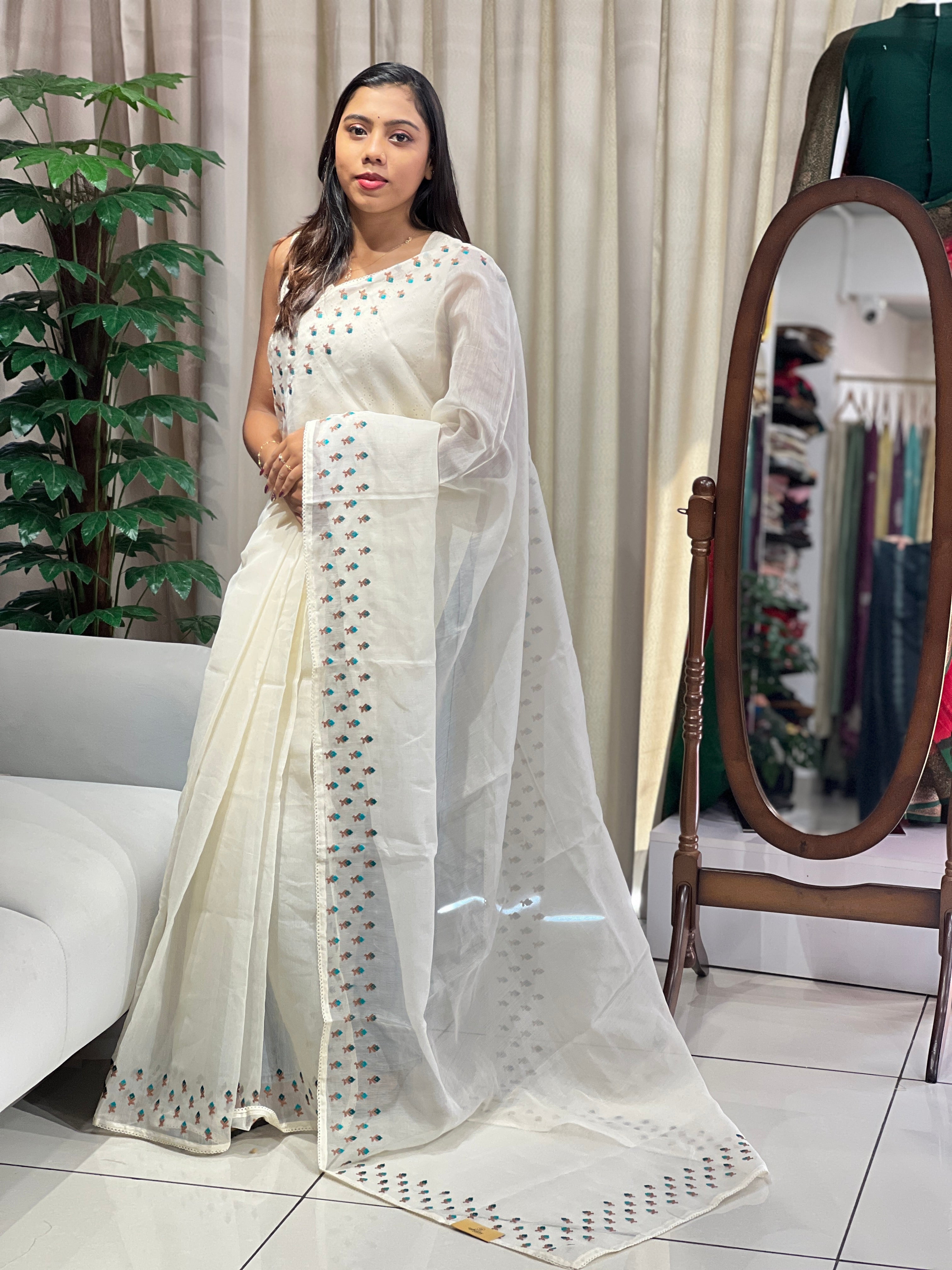 Floral Cross Stitch Embroidery Detailed Kota Saree | PF1179