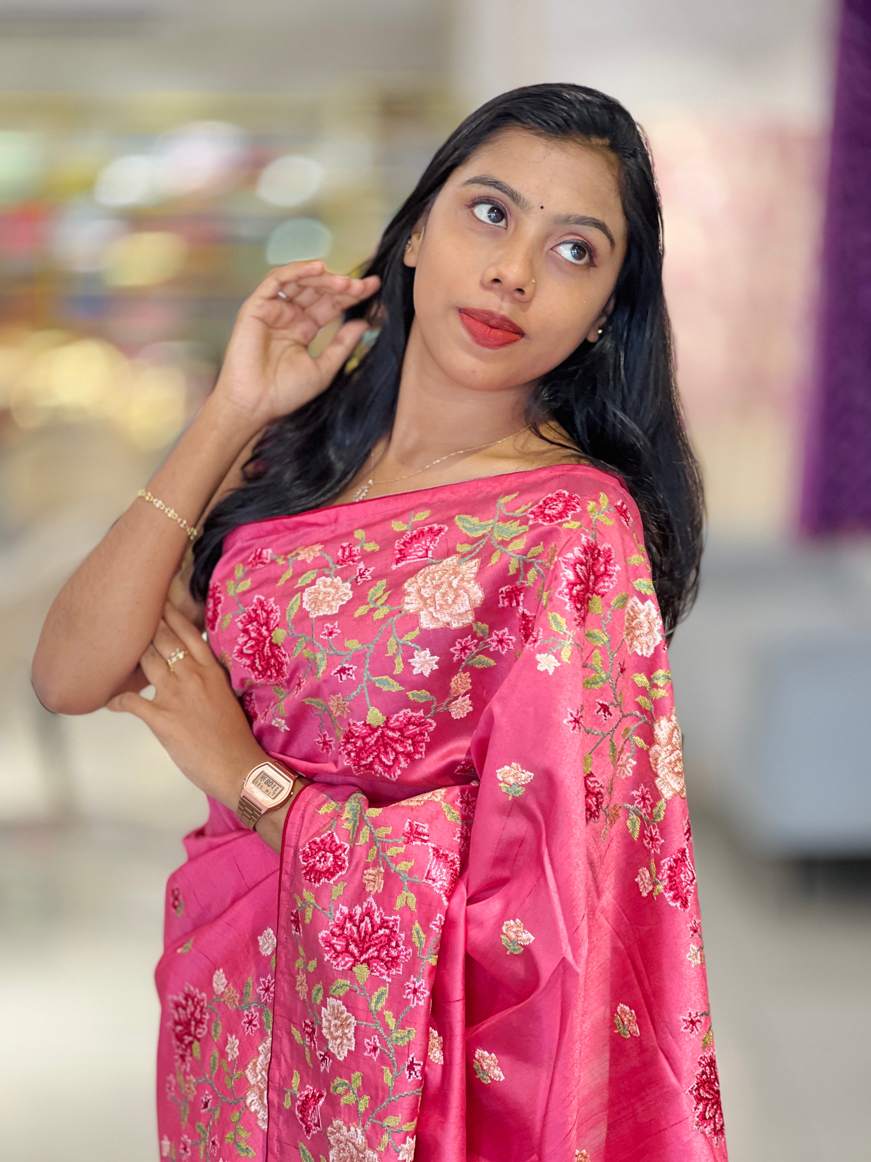 Multi-Colour Floral Cross Stitch Embroidered Pure Tussar Saree | SUN451