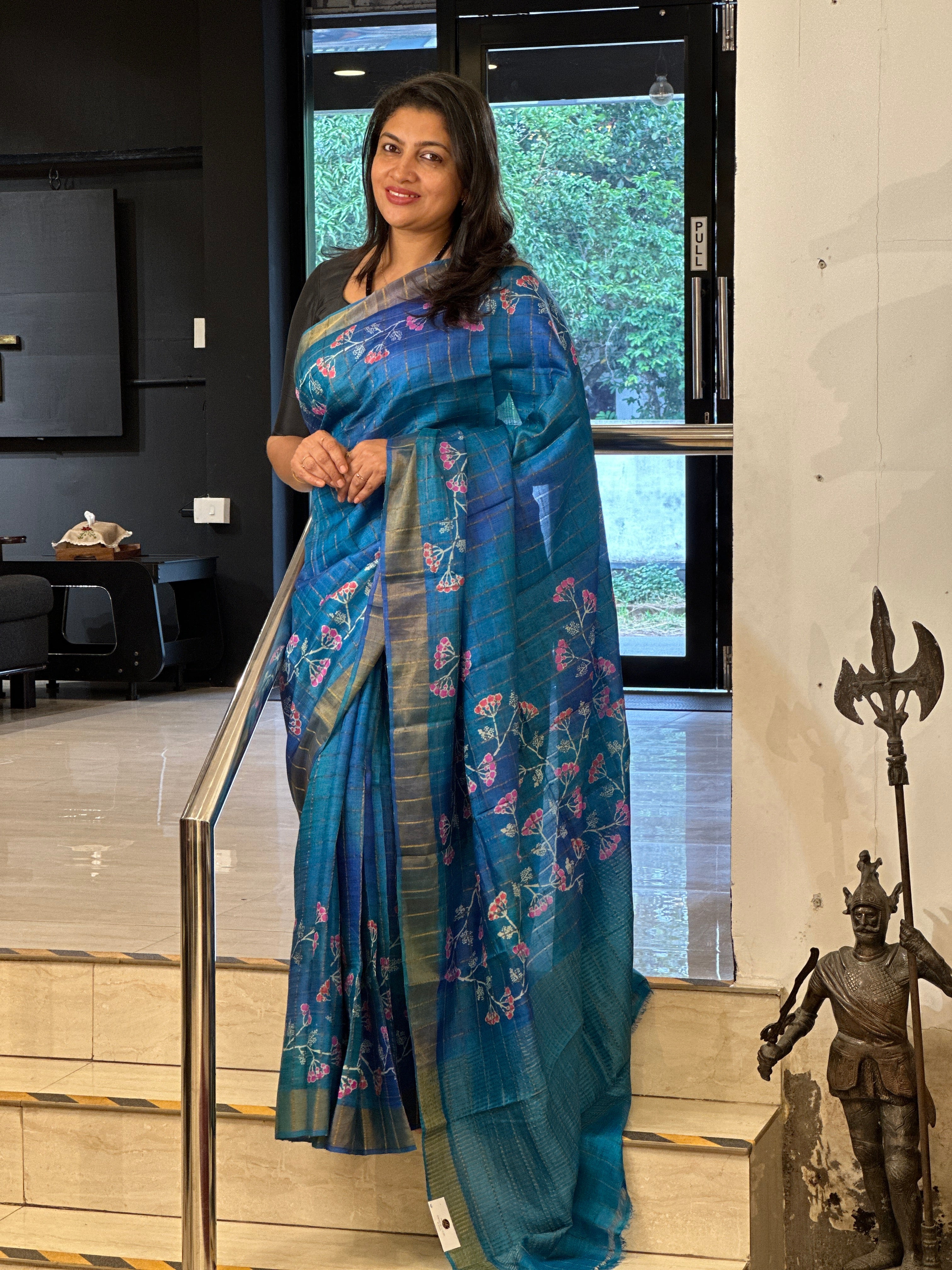 Zari Check With Floral Printed Pure Desi Tussar Saree | AYD174