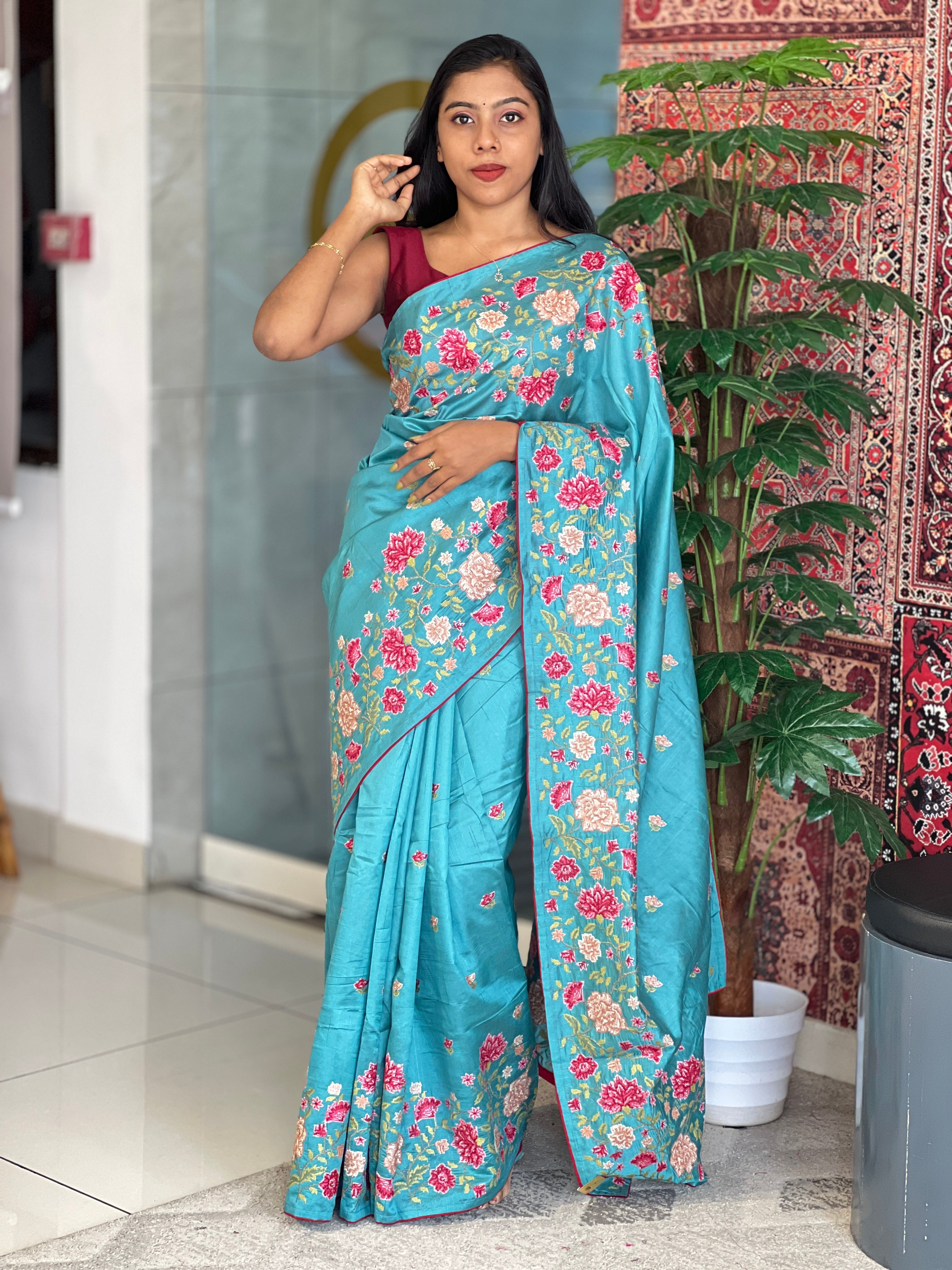 Multi-Colour Floral Cross Stitch Embroidered Pure Tussar Saree | SUN448