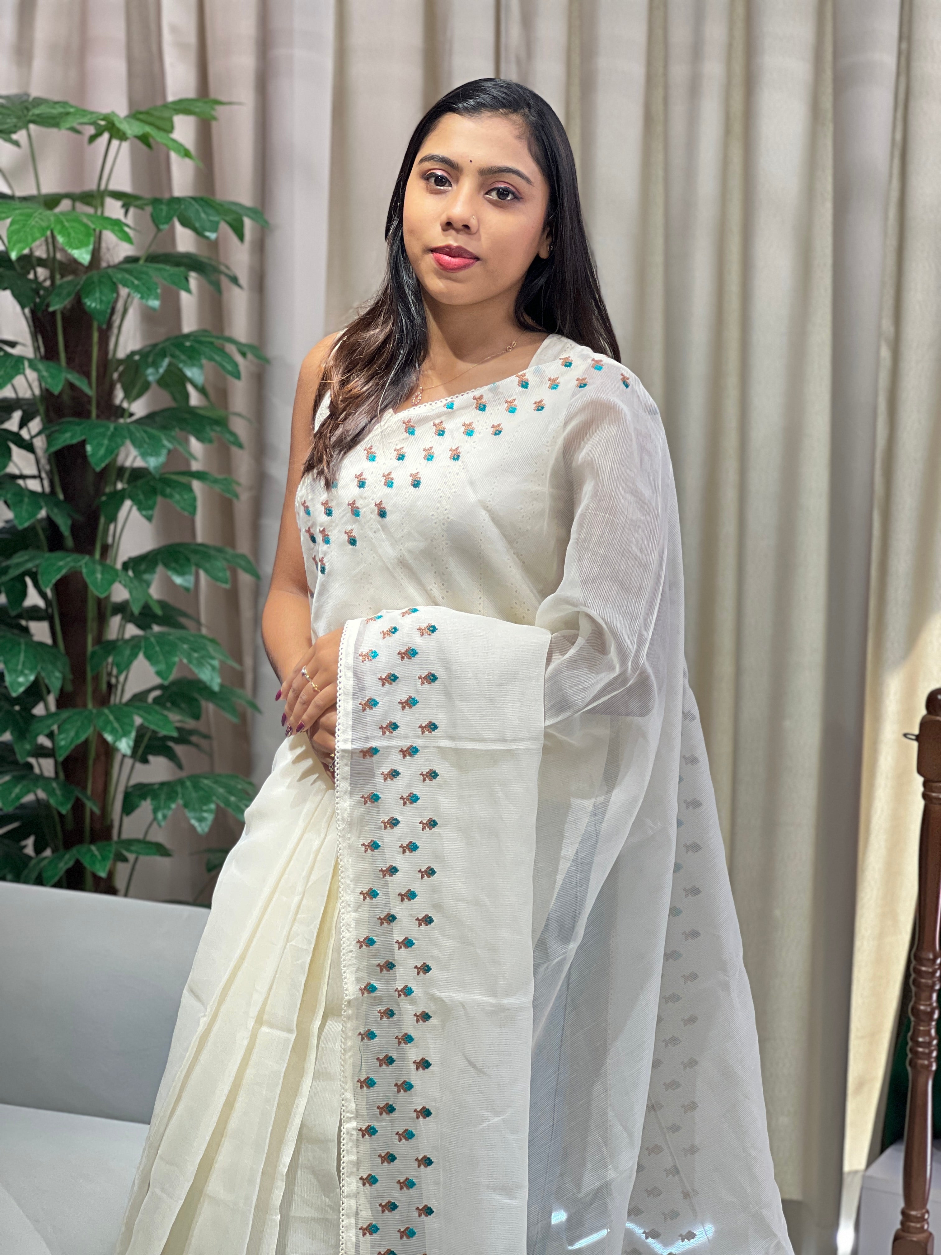 Floral Cross Stitch Embroidery Detailed Kota Saree | PF1179