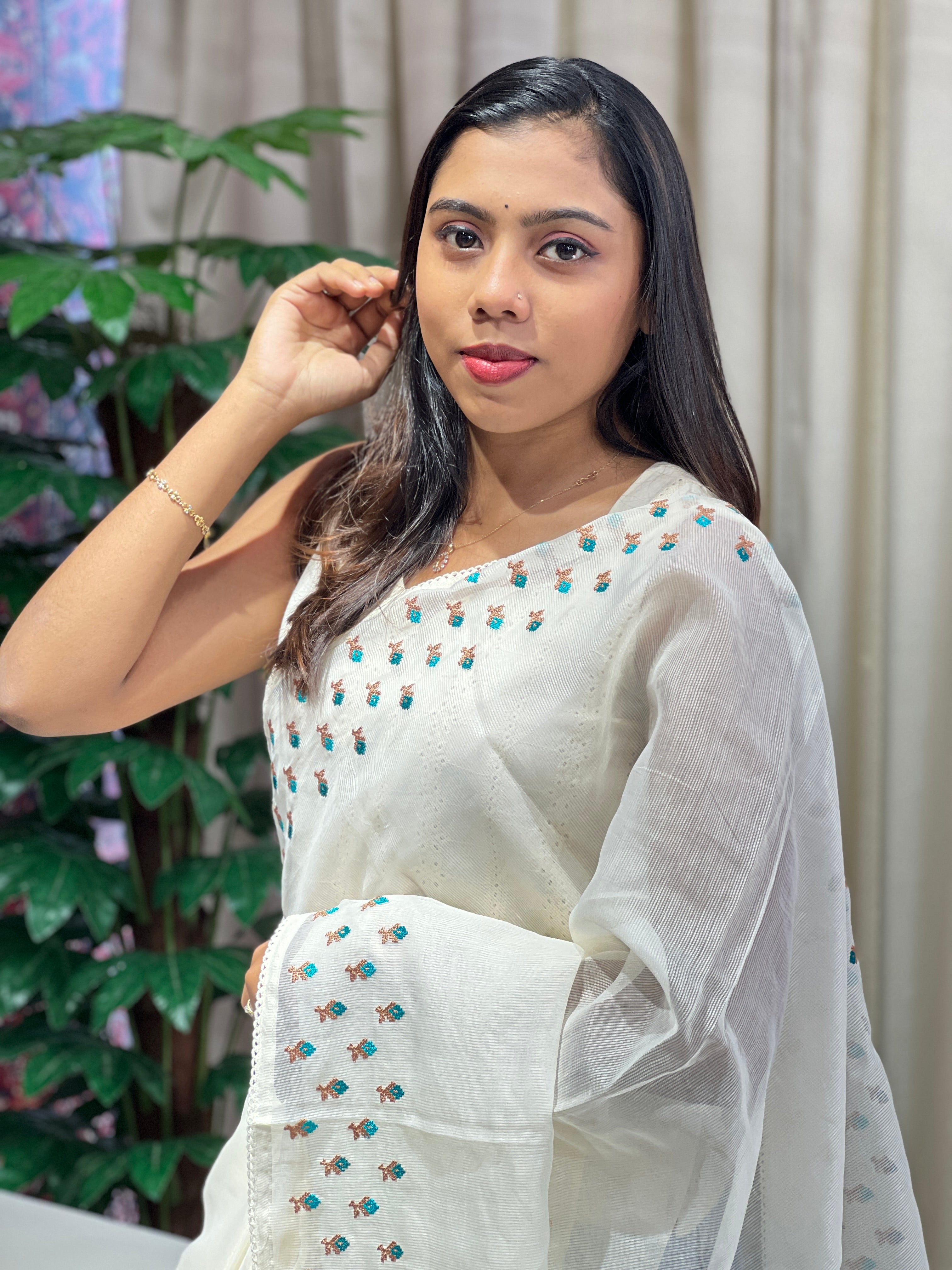 Floral Cross Stitch Embroidery Detailed Kota Saree | PF1179