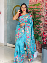 Multi-Colour Floral Cross Stitch Embroidered Pure Tussar Saree | SUN448